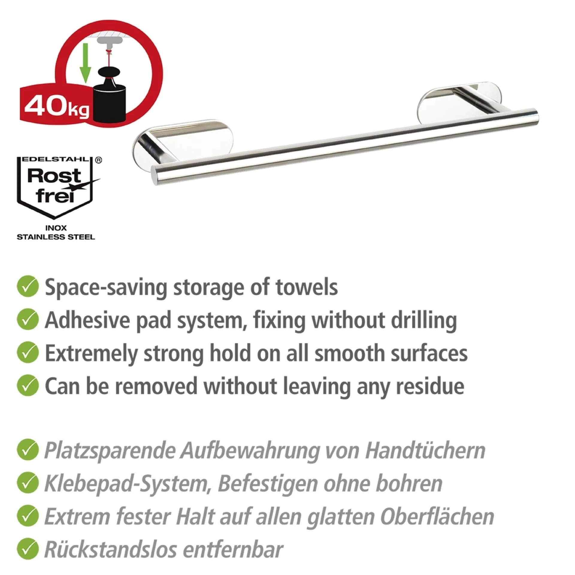 WENKO OREA Handtuchhalter 40 cm, Chrom glänzend, Edelstahl, Befestigen ohne Bohren
