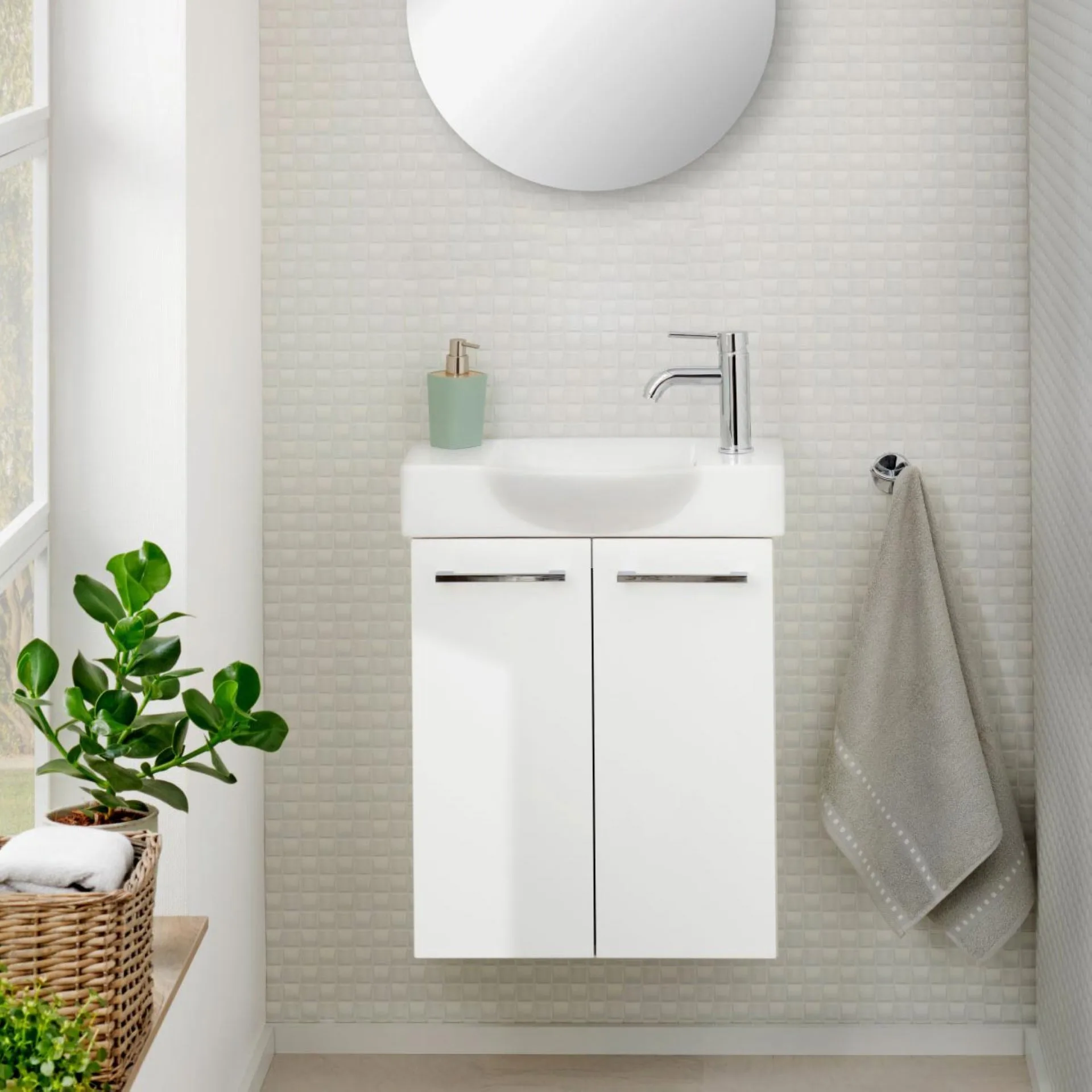 FACKELMANN SBC SCENO Waschbeckenunterschrank Gäste WC 55 cm breit, Weiß, 2 Türen