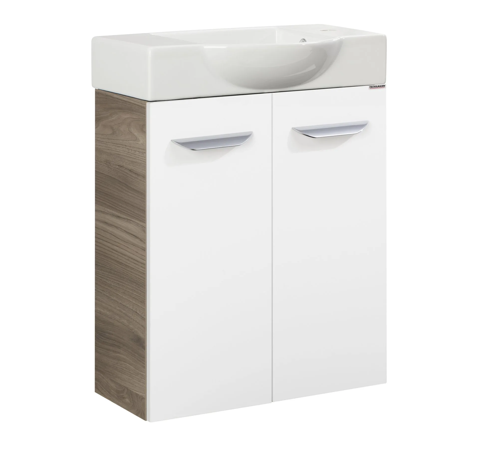 FACKELMANN SBC LUXOR Gäste WC Waschtisch Set 55 cm breit, Weiß/Braun hell, Waschbecken Keramik Weiß, Hahnloch rechts