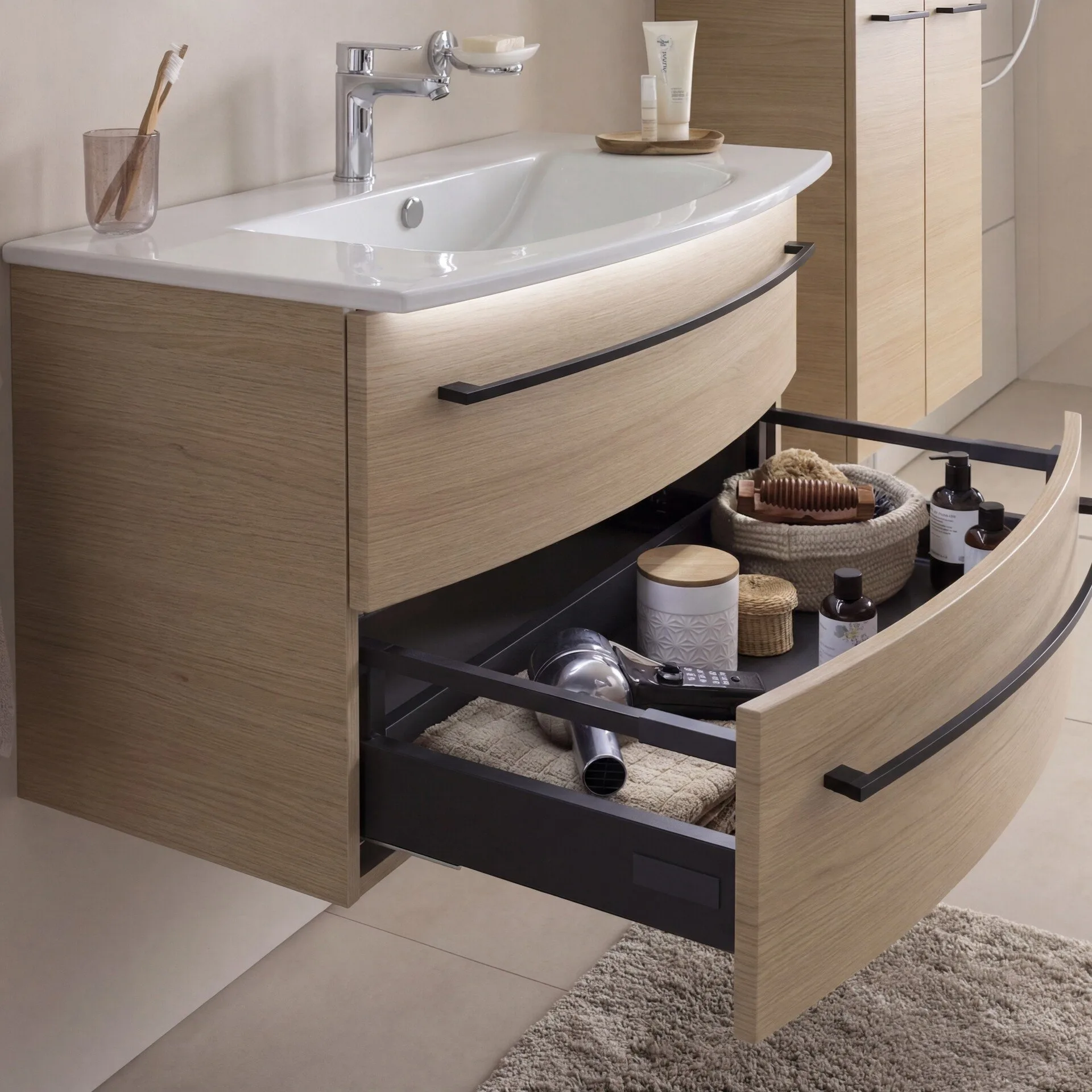 FACKELMANN B.ROUND Waschbecken mit Unterschrank 90,5 cm breit, Braun, Waschbecken Keramik Weiß