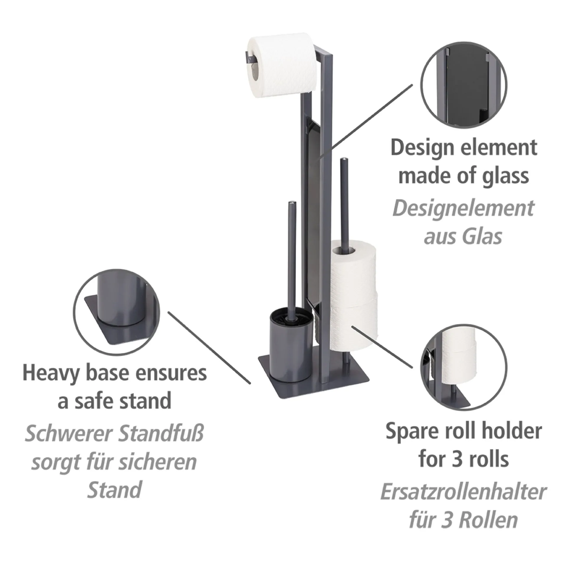 WENKO RIVALTA WC-Garnitur, Grau, Bambus, mit Toilettenpapierhalter und Bevorrater, stehend
