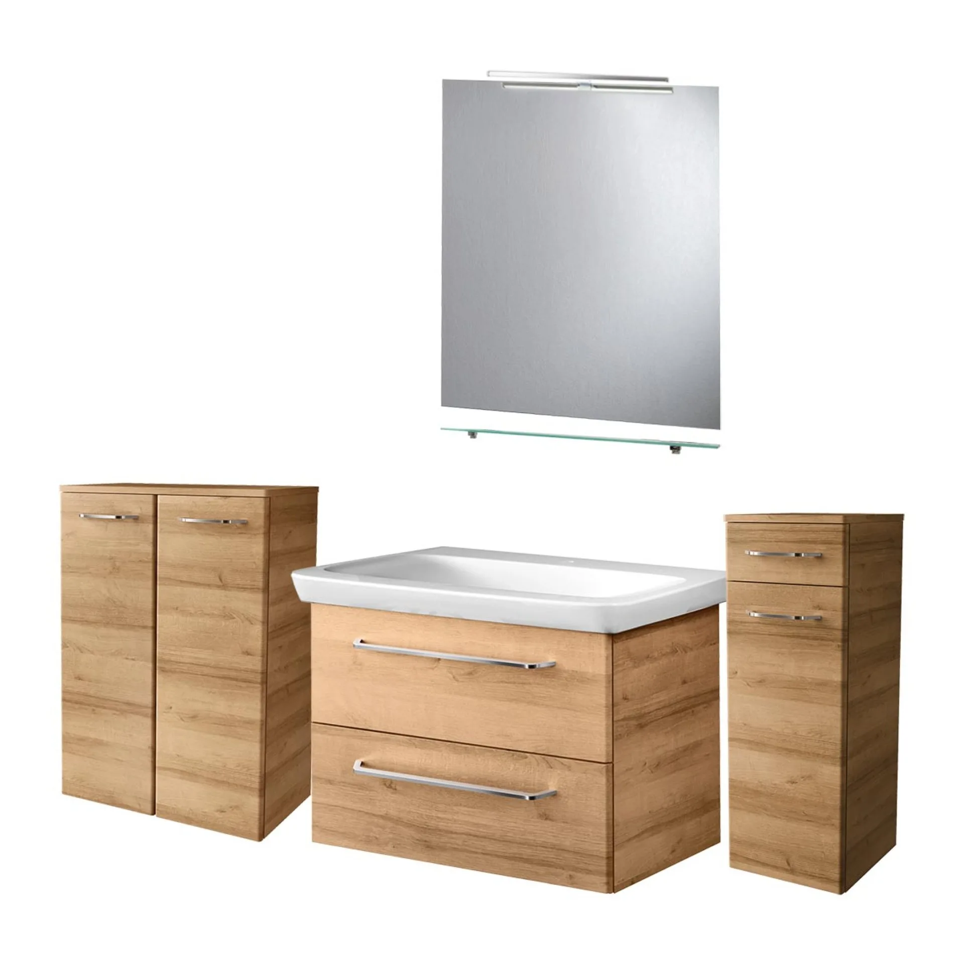 FACKELMANN MILANO Badmöbel Set 7-teilig 88 cm breit, Braun hell, Waschbecken Keramik Weiß + Midischrank + Doppel Midischrank + Glasablage + Spiegel + LED-Aufsatzleuchte