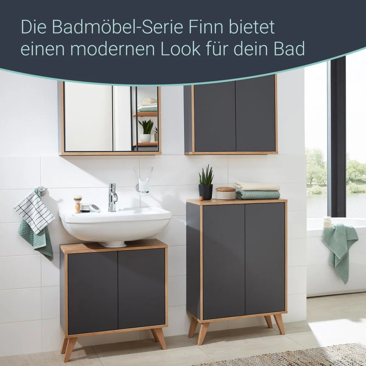 FACKELMANN FINN Waschbeckenunterschrank 60 cm breit, Anthrazit/Braun hell + Holzfüße