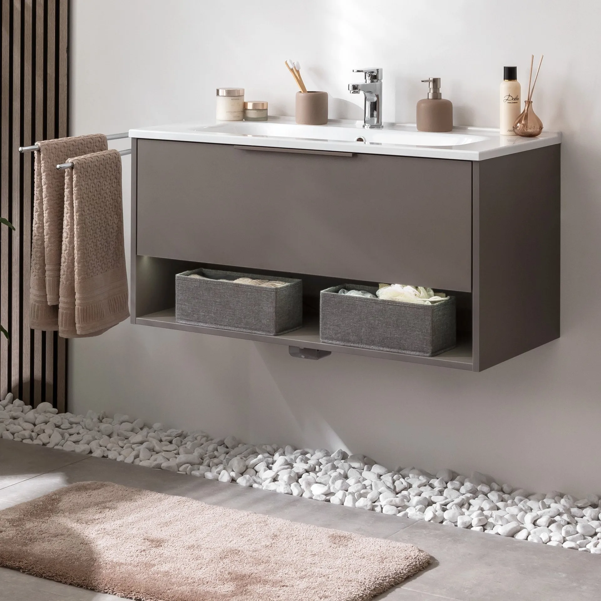 FACKELMANN B.PARIS Waschbecken mit Unterschrank 90 cm breit, Grau, Waschbecken Gussmarmor Weiß