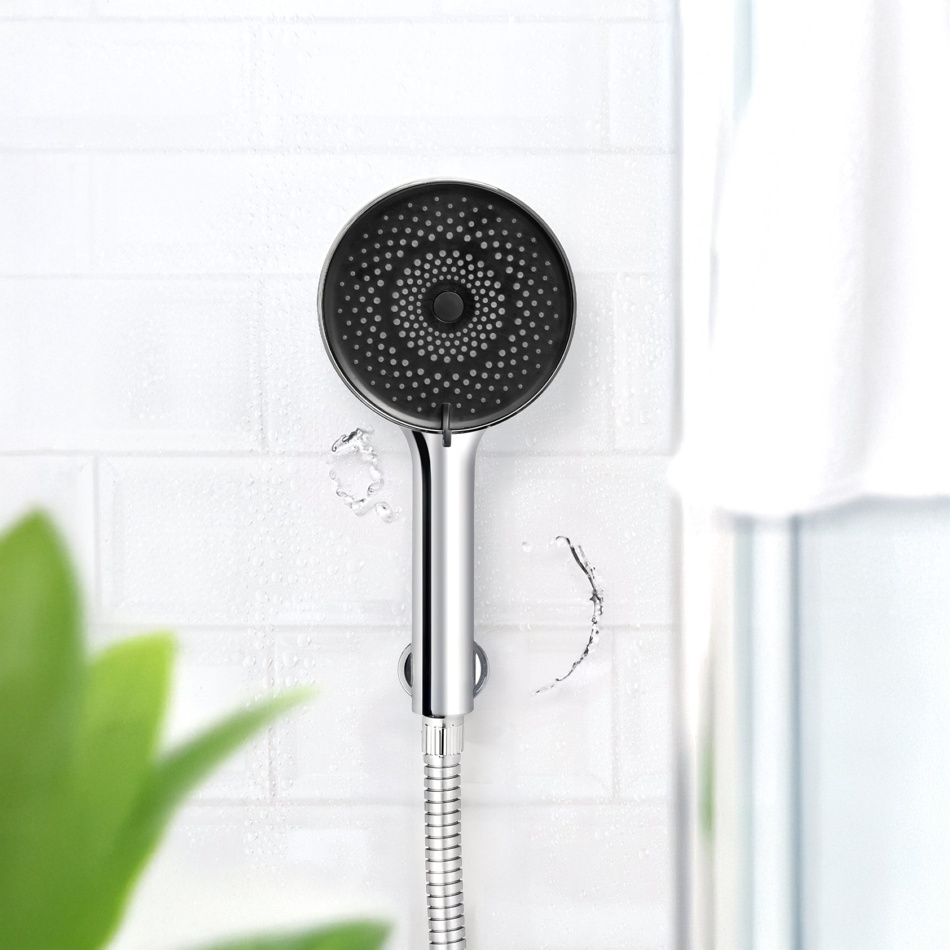 WENKO Duschkopf Ø 12 cm, Chrom/Schwarz, mit Wassersparsystem, 3 verschiedene Wasserstrahlarten