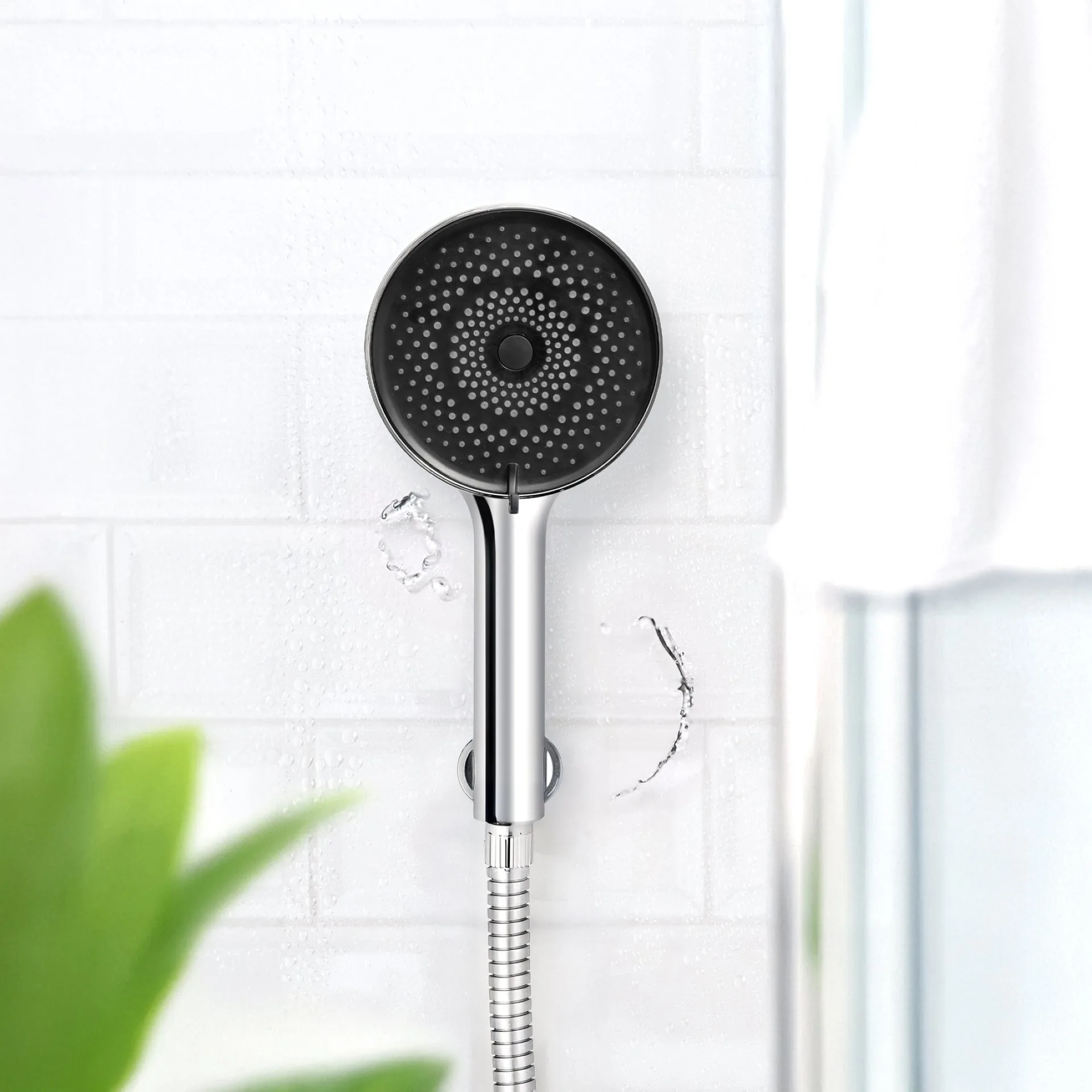WENKO Duschkopf Ø 12 cm, Chrom/Schwarz, mit Wassersparsystem, 3 verschiedene Wasserstrahlarten