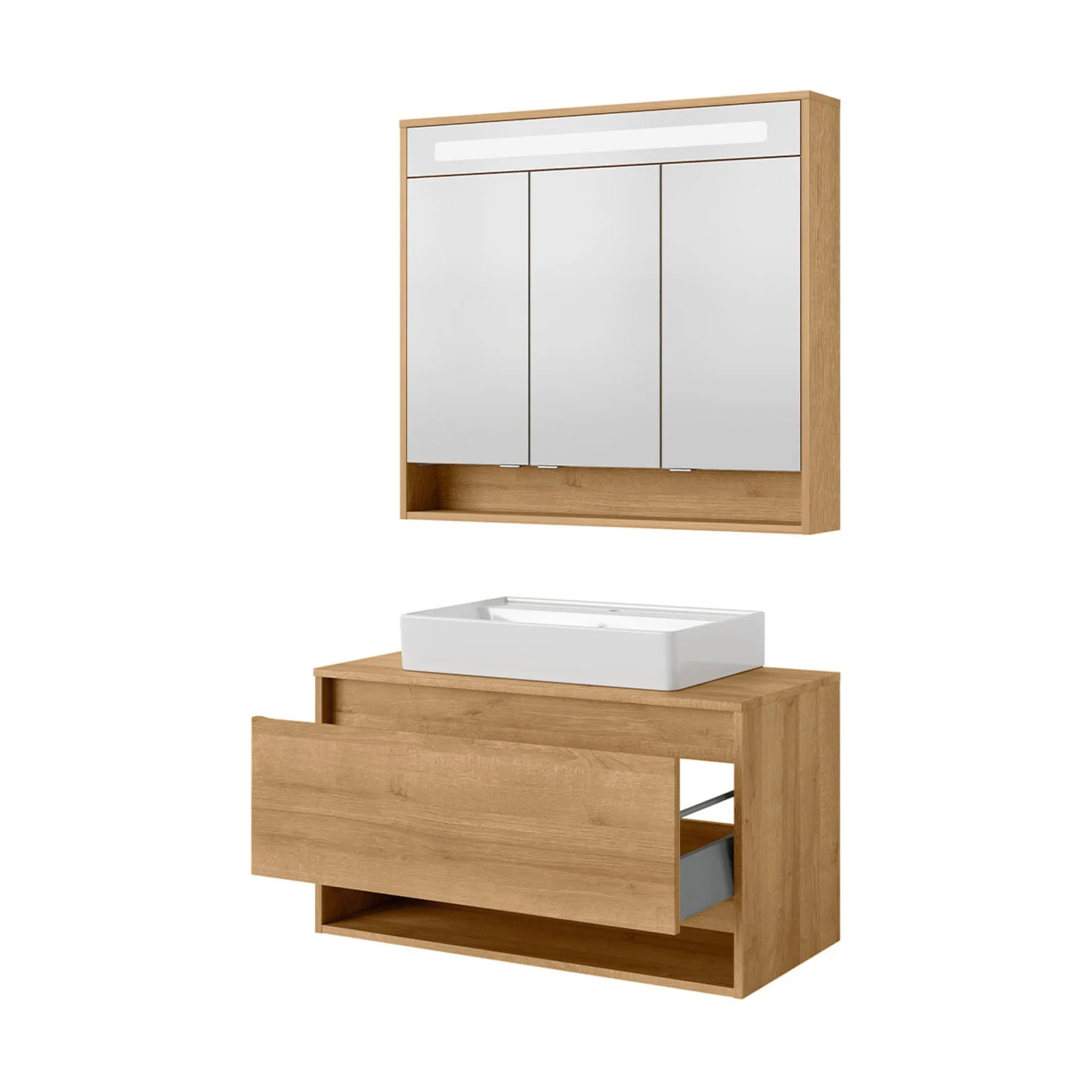 FACKELMANN NATURA Waschtisch Set mit Spiegelschrank 94 cm breit, Braun hell, Aufsatzwaschbecken Keramik Weiß + LED Spiegelschrank
