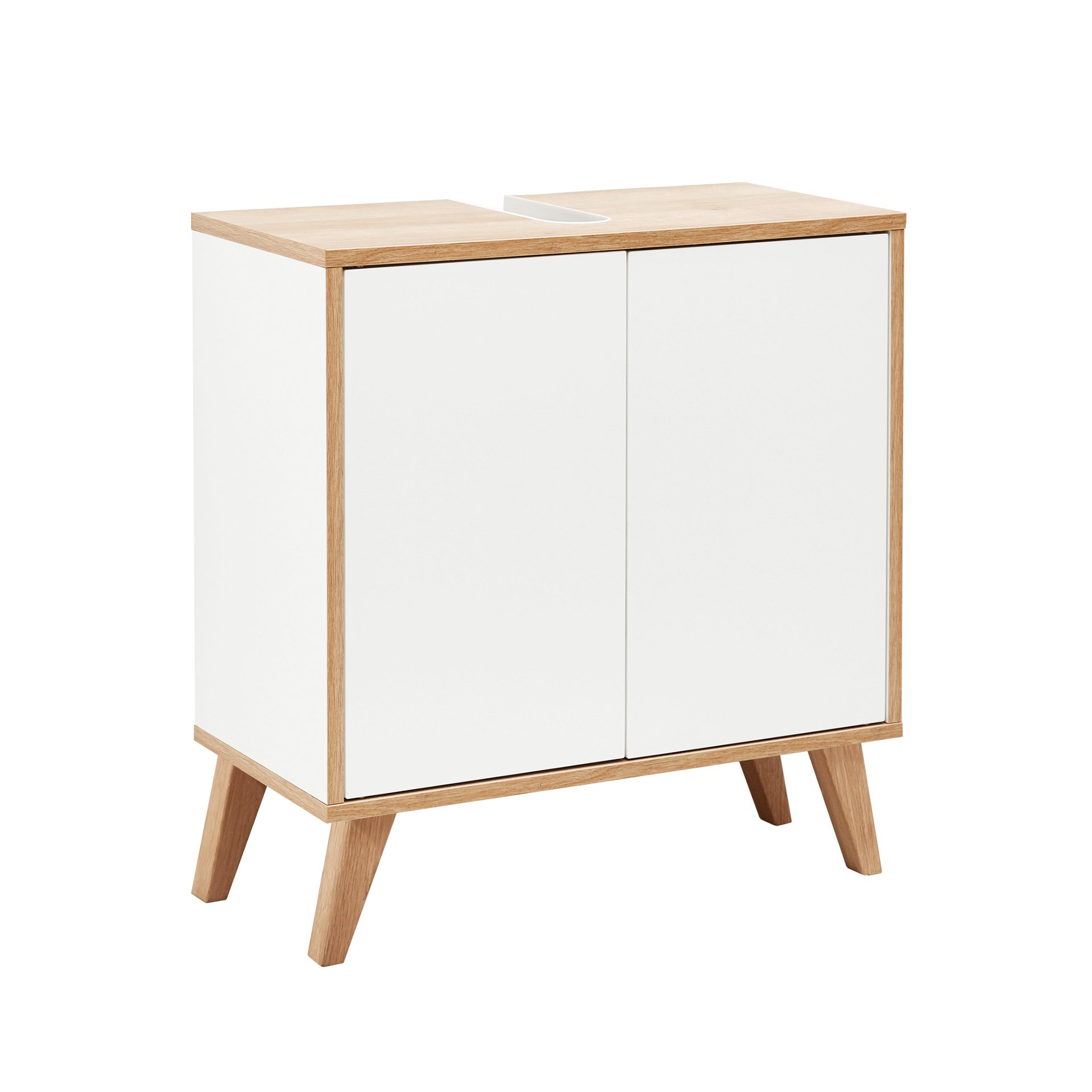 FACKELMANN FINN Waschbeckenunterschrank 60 cm breit, Weiß/Braun hell + Holzfüße