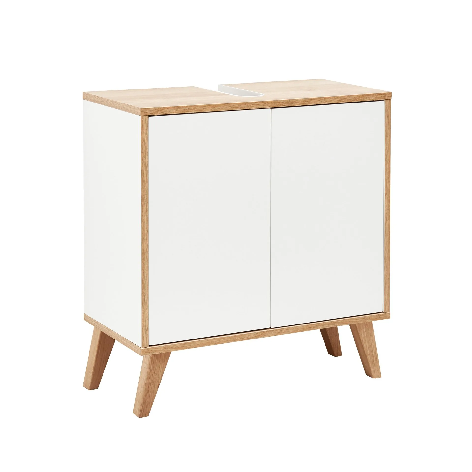 FACKELMANN FINN Waschbeckenunterschrank 60 cm breit, Weiß/Braun hell + Holzfüße