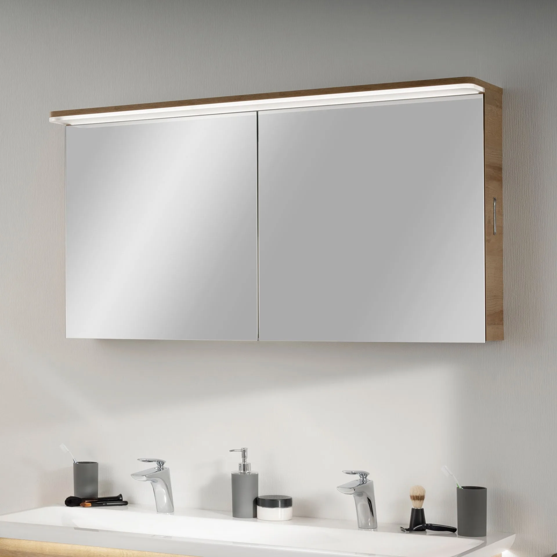 LANZET K8 Waschtisch Set mit Spiegelschrank 120 cm breit, Braun hell, Doppelwaschbecken Keramik Weiß