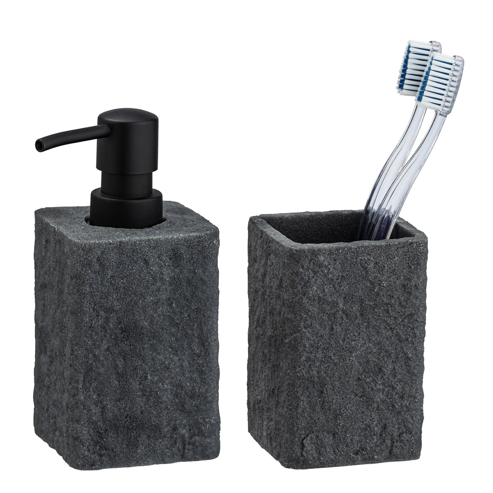 WENKO VILLATA Accessoire Set, Grau, Zahnputzbecher, Seifenspender, WC-Garnitur