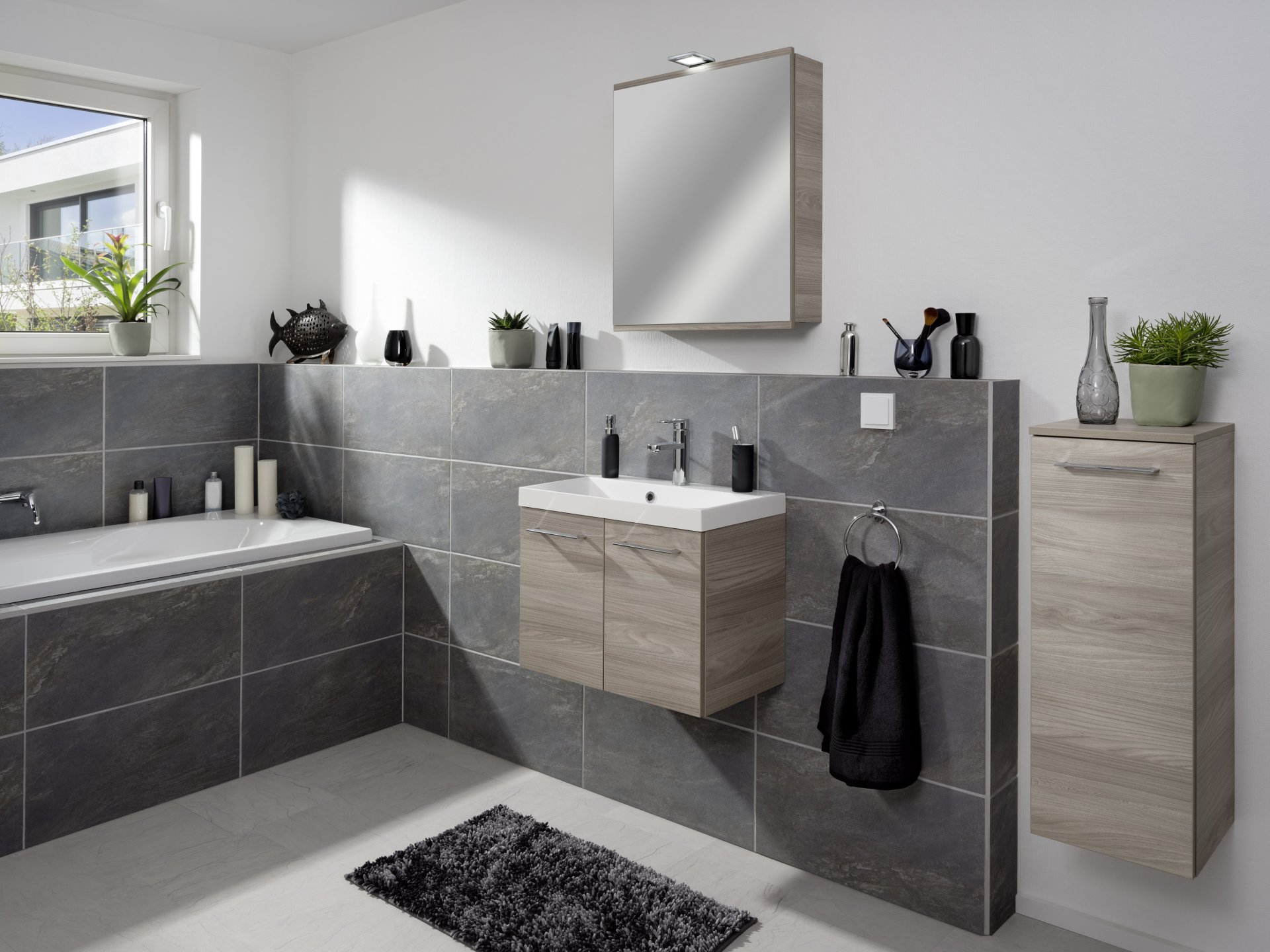 FACKELMANN LIMA Waschbecken mit Unterschrank 60 cm breit, Braun, Waschbecken Gussmarmor Weiß