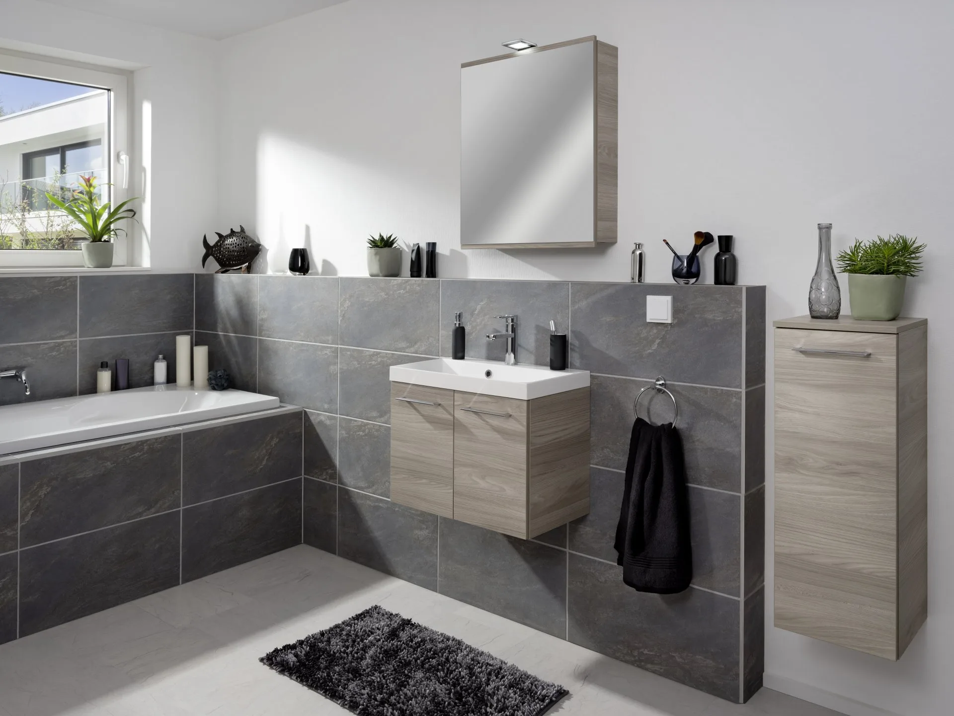 FACKELMANN LIMA Waschbecken mit Unterschrank 60 cm breit, Braun, Waschbecken Gussmarmor Weiß