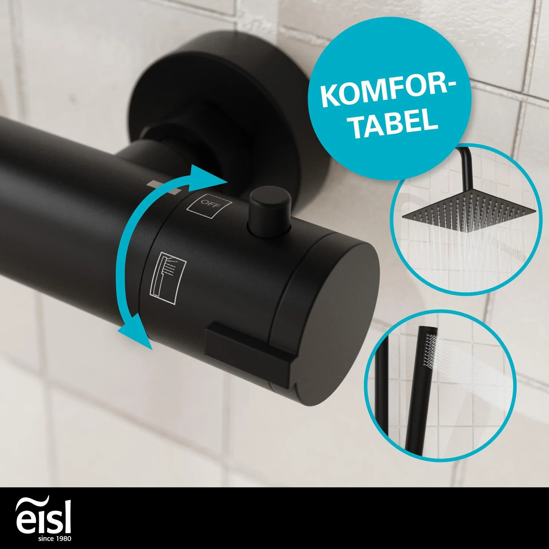 EISL SHOWERSTAR Überkopfbrause-Set, Schwarz matt, mit Thermostatarmatur