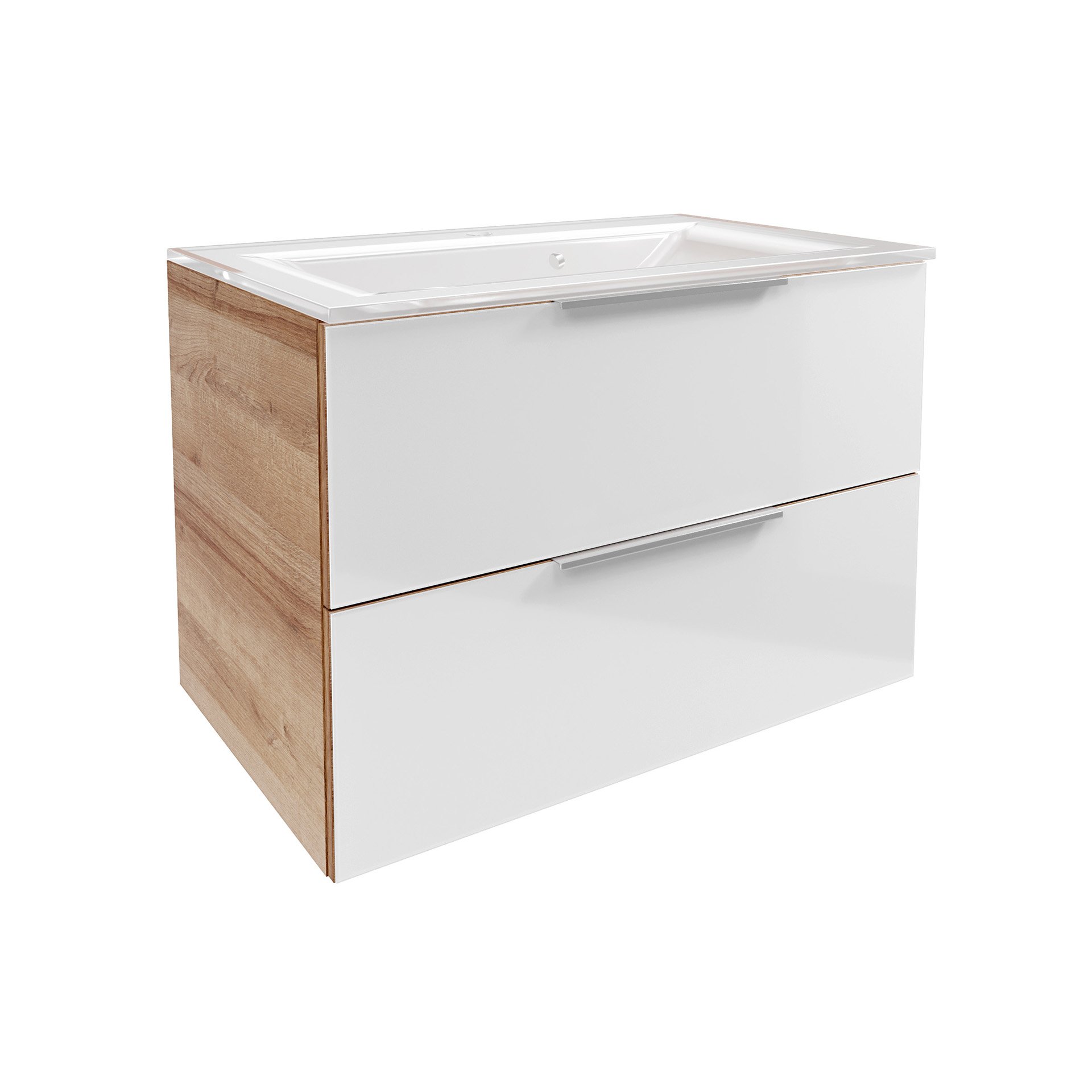 Fackelmann B.BRILLANT Badmöbel Set 2-teilig, 80 cm breit, Weiß Glas/Braun hell, Glas Weiß
