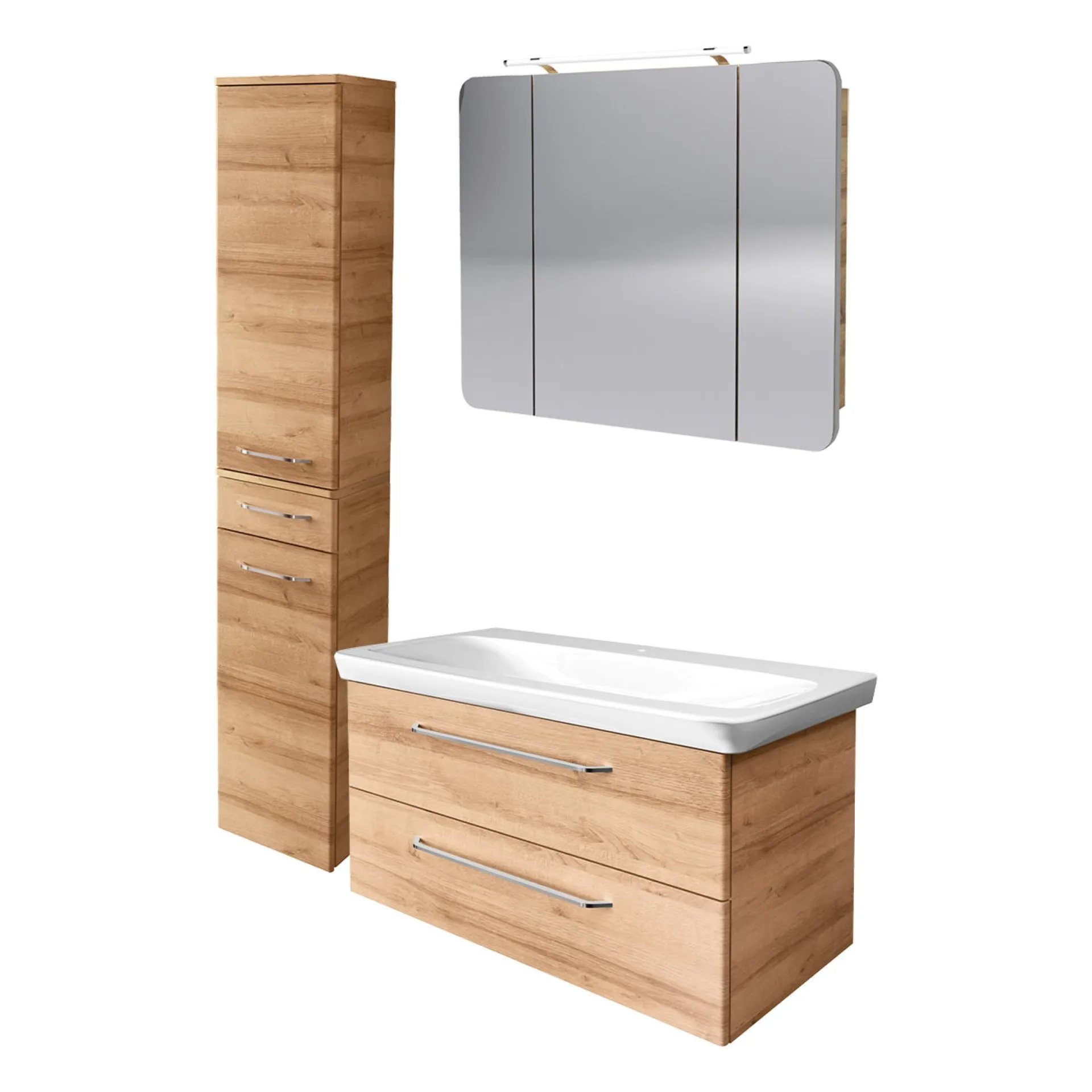 FACKELMANN MILANO Badmöbel Set 4-teilig 107 cm breit, Braun hell, Waschbecken Keramik Weiß + LED Spiegelschrank + Hochschrank
