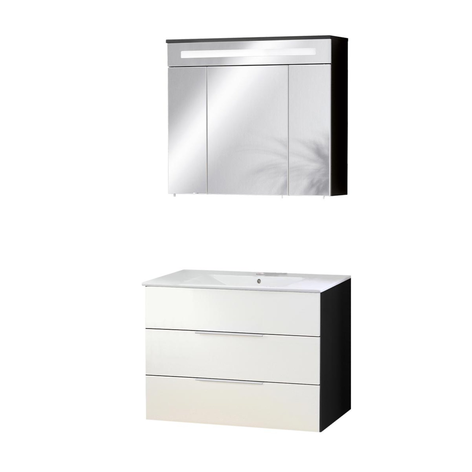 FACKELMANN KARA Waschtisch Set mit Spiegelschrank 80 cm breit, Weiß/Anthrazit, Waschbecken Keramik Weiß, 2 Schubladen