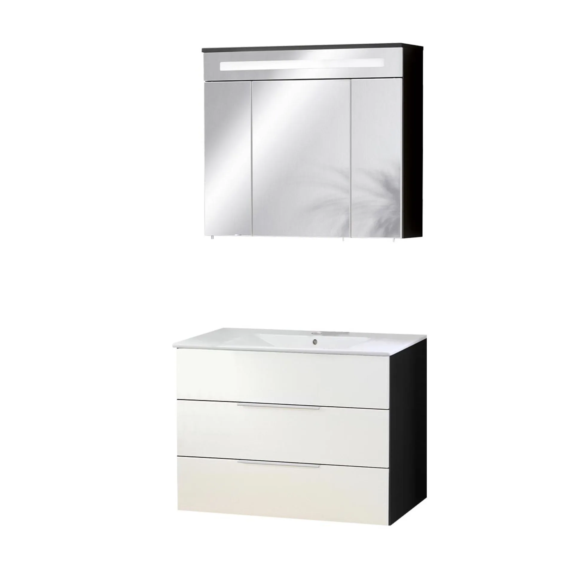 FACKELMANN KARA Waschtisch Set mit Spiegelschrank 80 cm breit, Weiß/Anthrazit, Waschbecken Keramik Weiß, 2 Schubladen