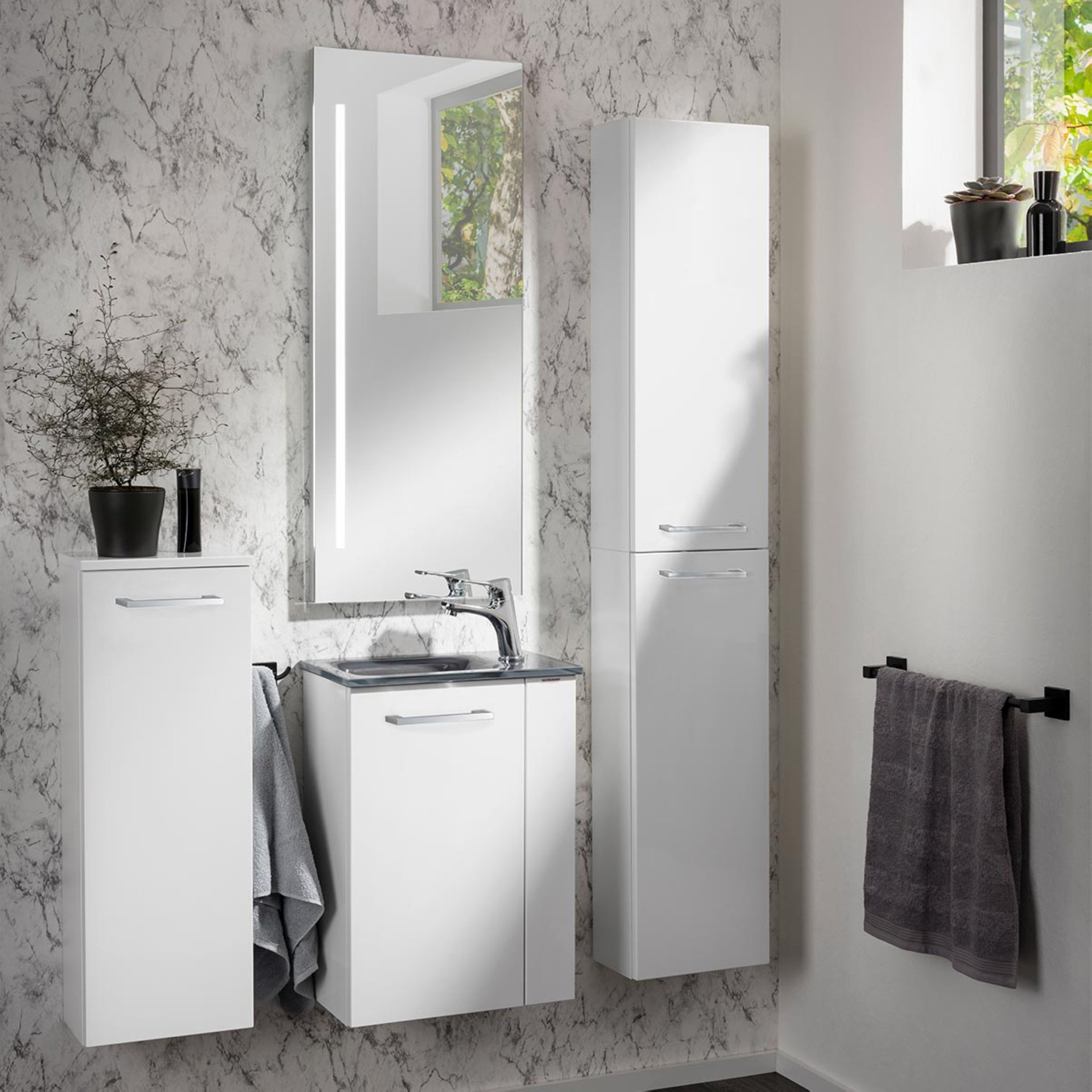 FACKELMANN SBC SCENO Gäste WC Waschtisch Set 45 cm breit, Weiß, Waschbecken Glas Anthrazit, Türanschlag links