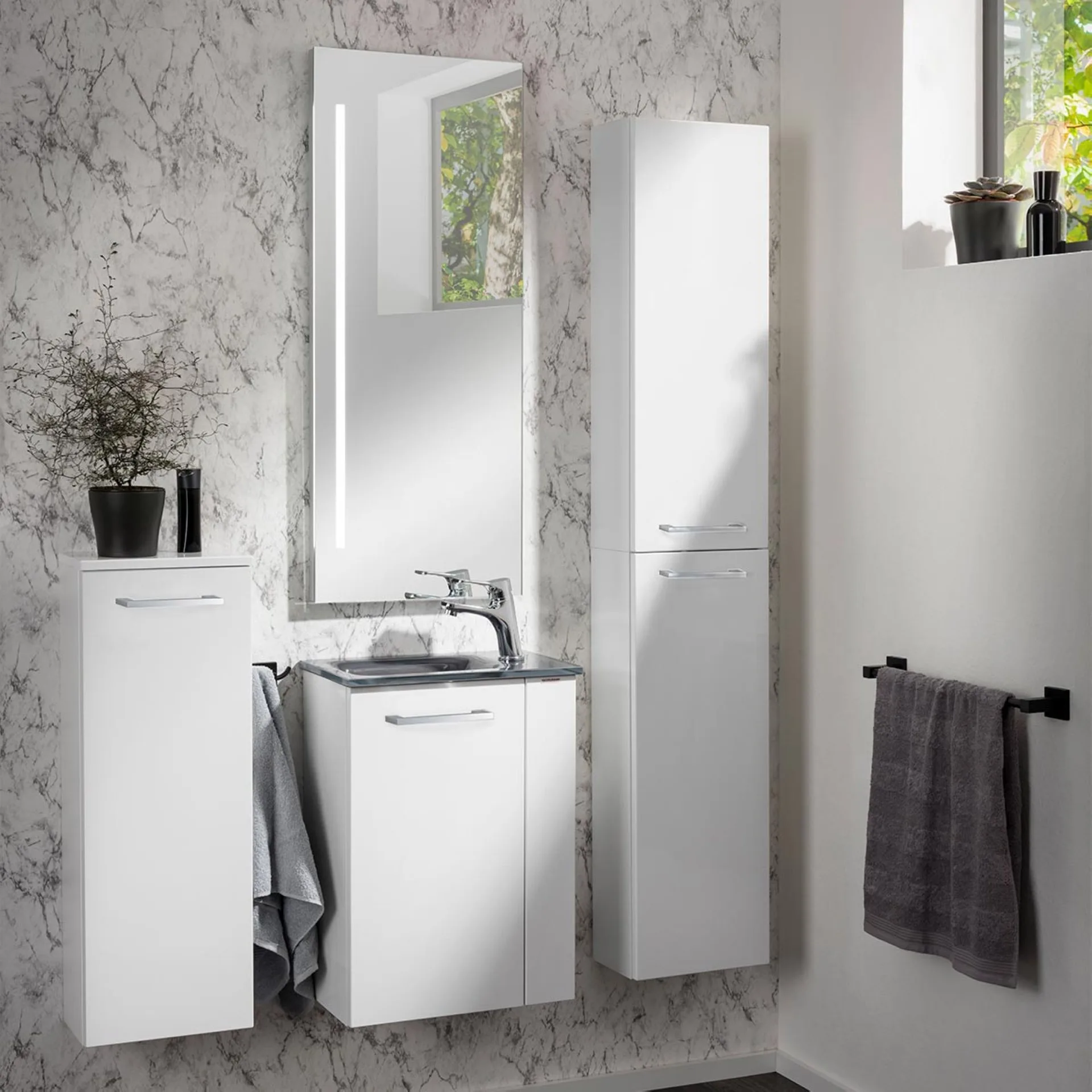 FACKELMANN SBC SCENO Gäste WC Waschtisch Set 45 cm breit, Weiß, Waschbecken Glas Anthrazit, Türanschlag links