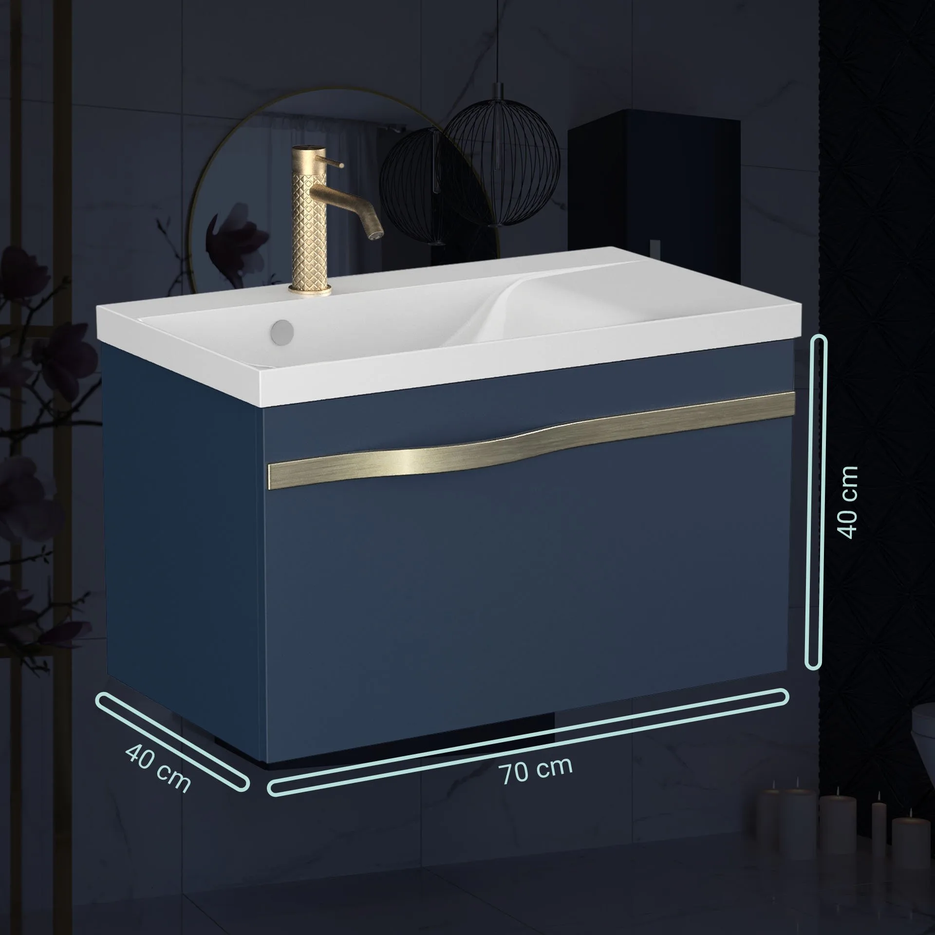 BADEDU FILS Waschbecken mit Unterschrank 69 cm breit, Blau, Waschbecken Gussmarmor Weiß, Griff Silber