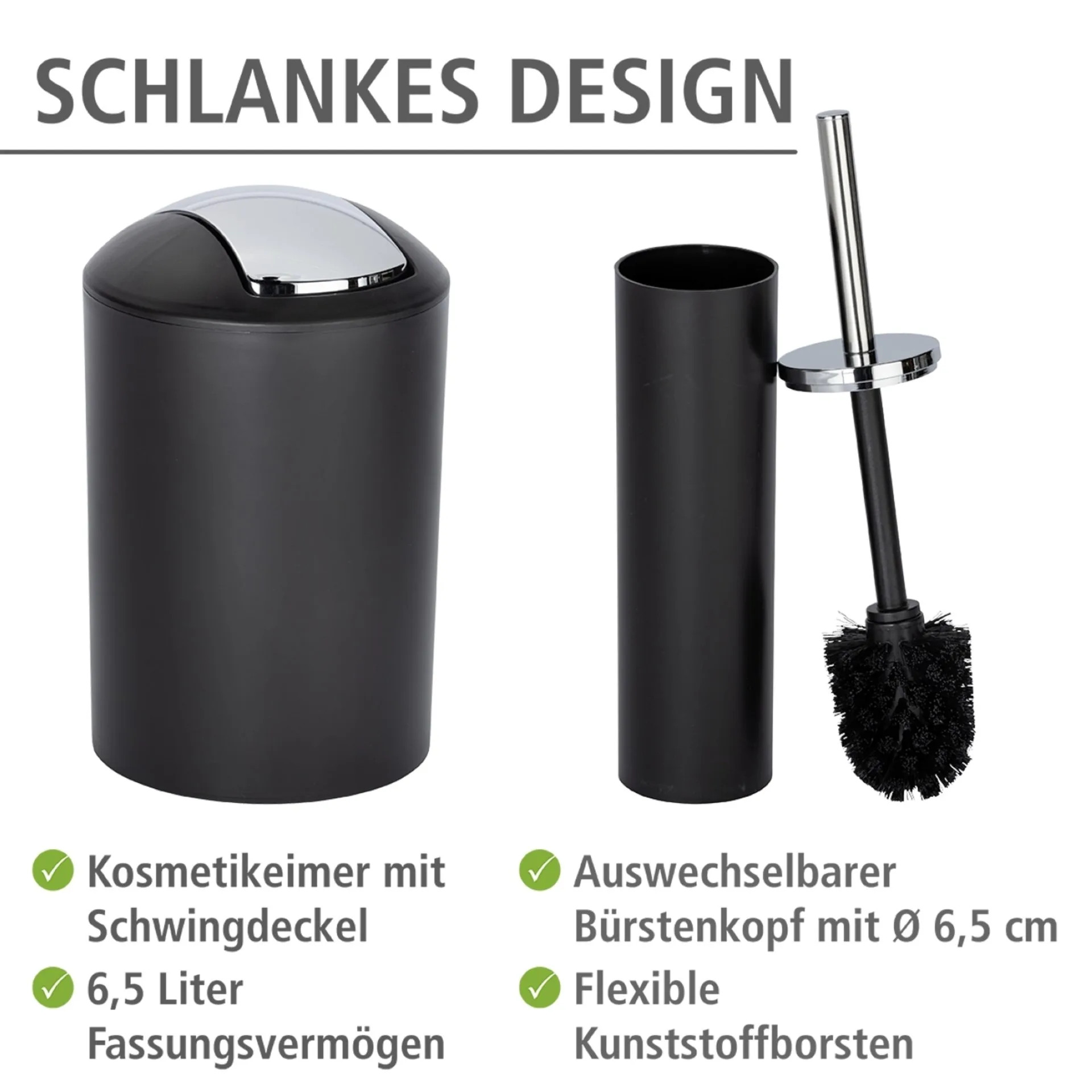 WENKO CALVO Accessoire Set, Schwarz, Zahnputzbecher, Seifenspender, WC-Garnitur, Kosmetikeimer