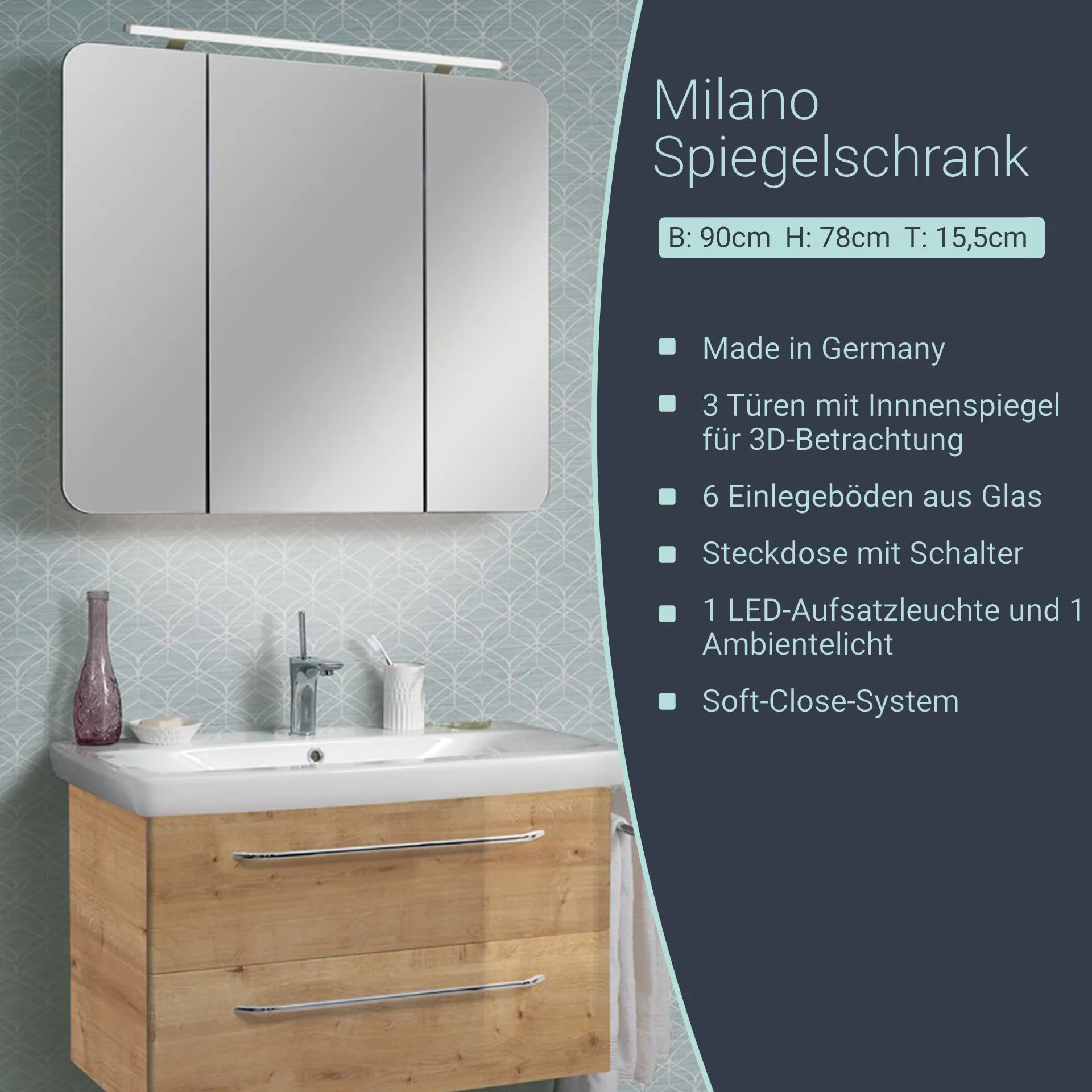 FACKELMANN MILANO LED Spiegelschrank 90 cm breit, Braun hell