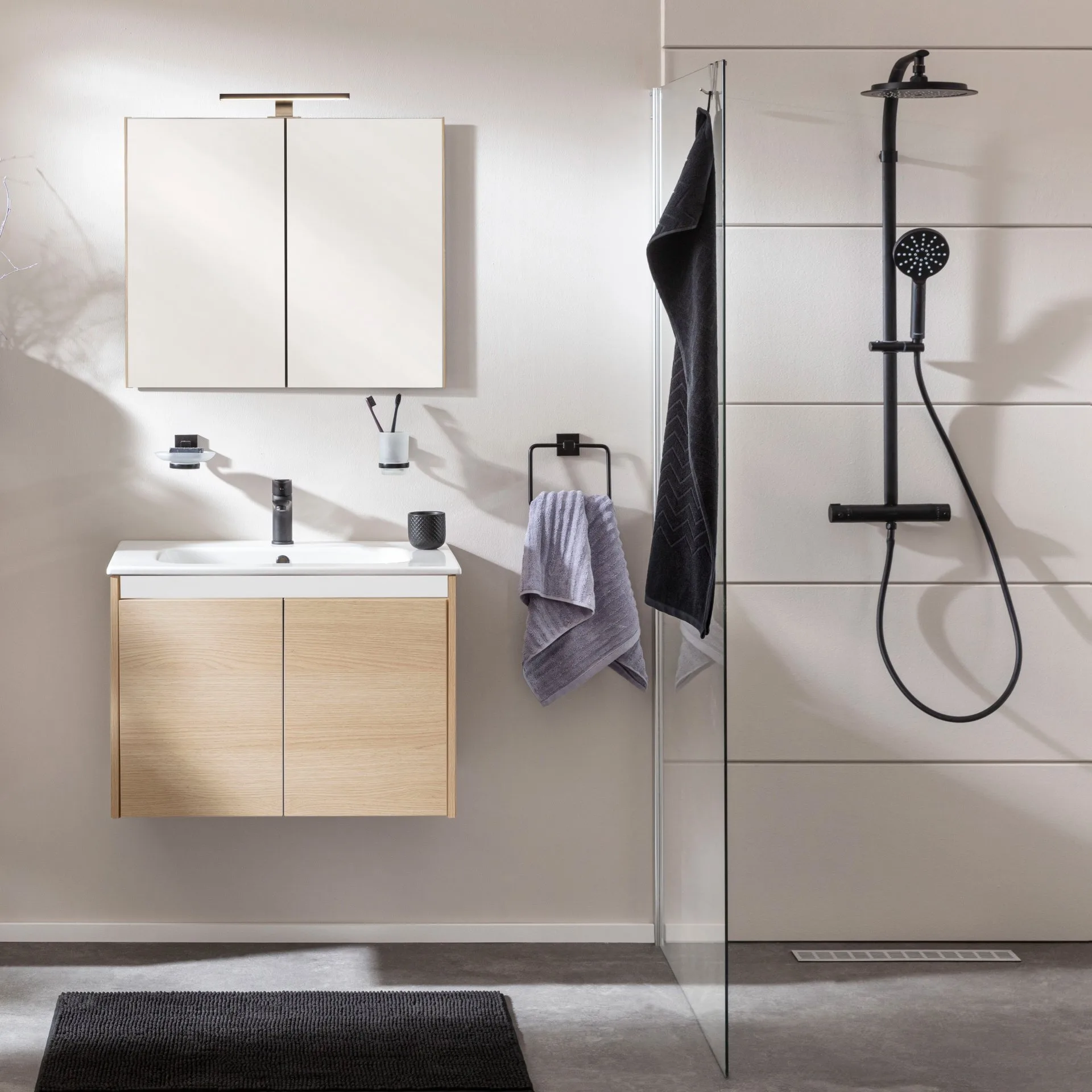 FACKELMANN COMPACT LINE Waschtisch Set mit Spiegelschrank 71 cm breit, Braun hell, Waschbecken Keramik Weiß, inklusive Aufsatzleuchte und Elektro-Box