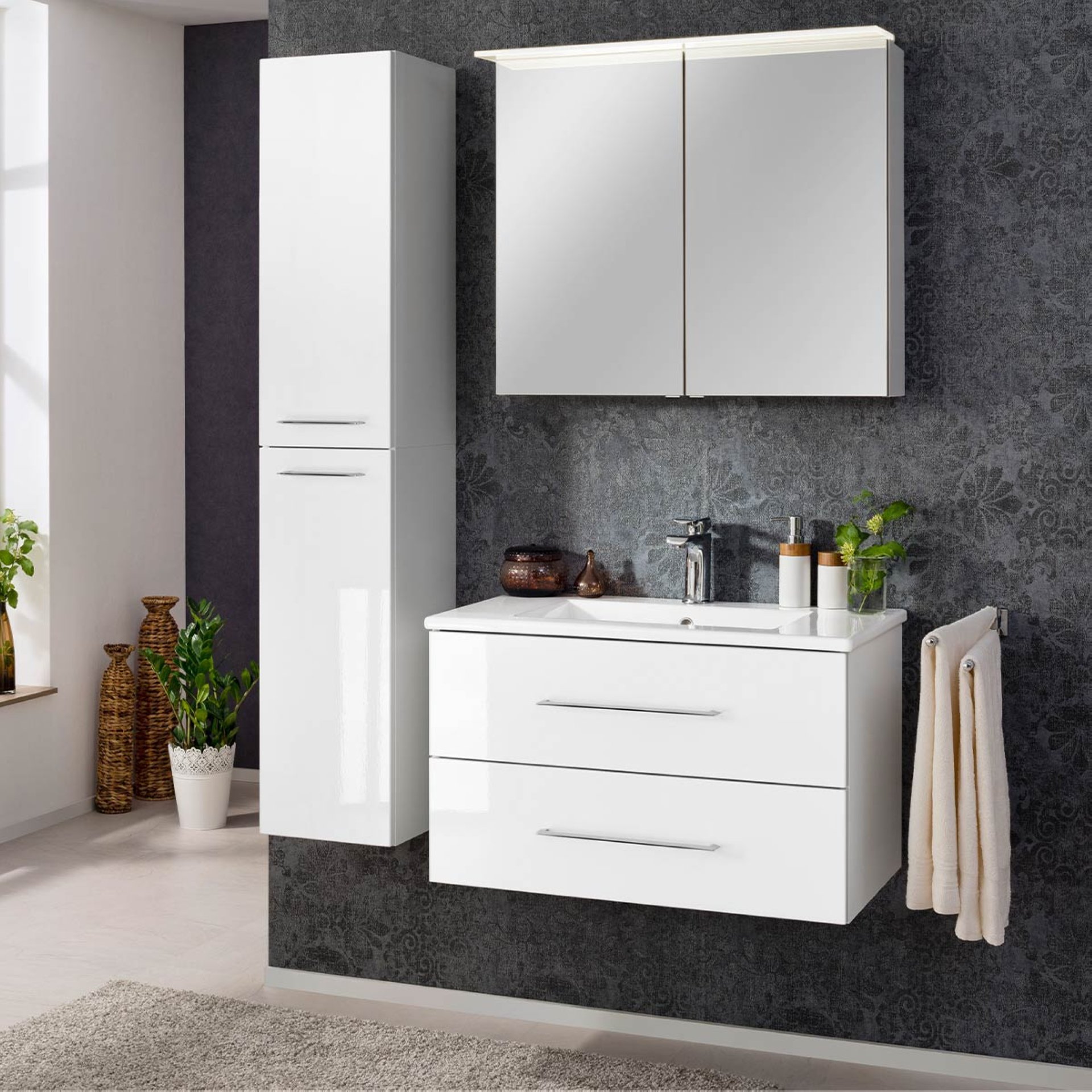 FACKELMANN B.PERFEKT Waschtisch Set mit Spiegelschrank 82 cm breit, Weiß, Waschbecken Keramik