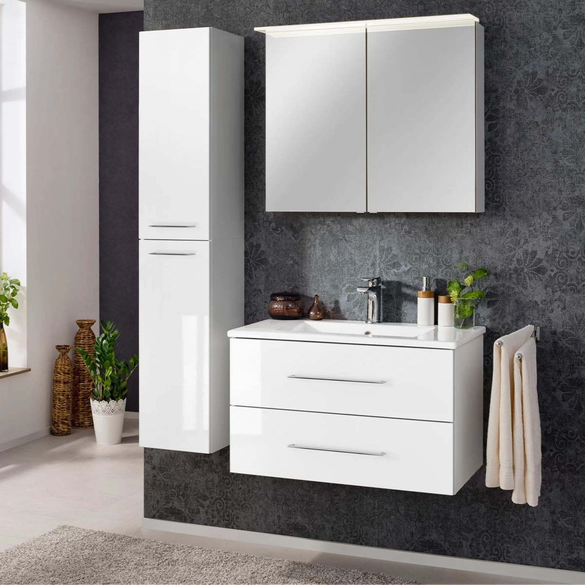 FACKELMANN B.PERFEKT Waschtisch Set mit Spiegelschrank 82 cm breit, Weiß, Waschbecken Keramik