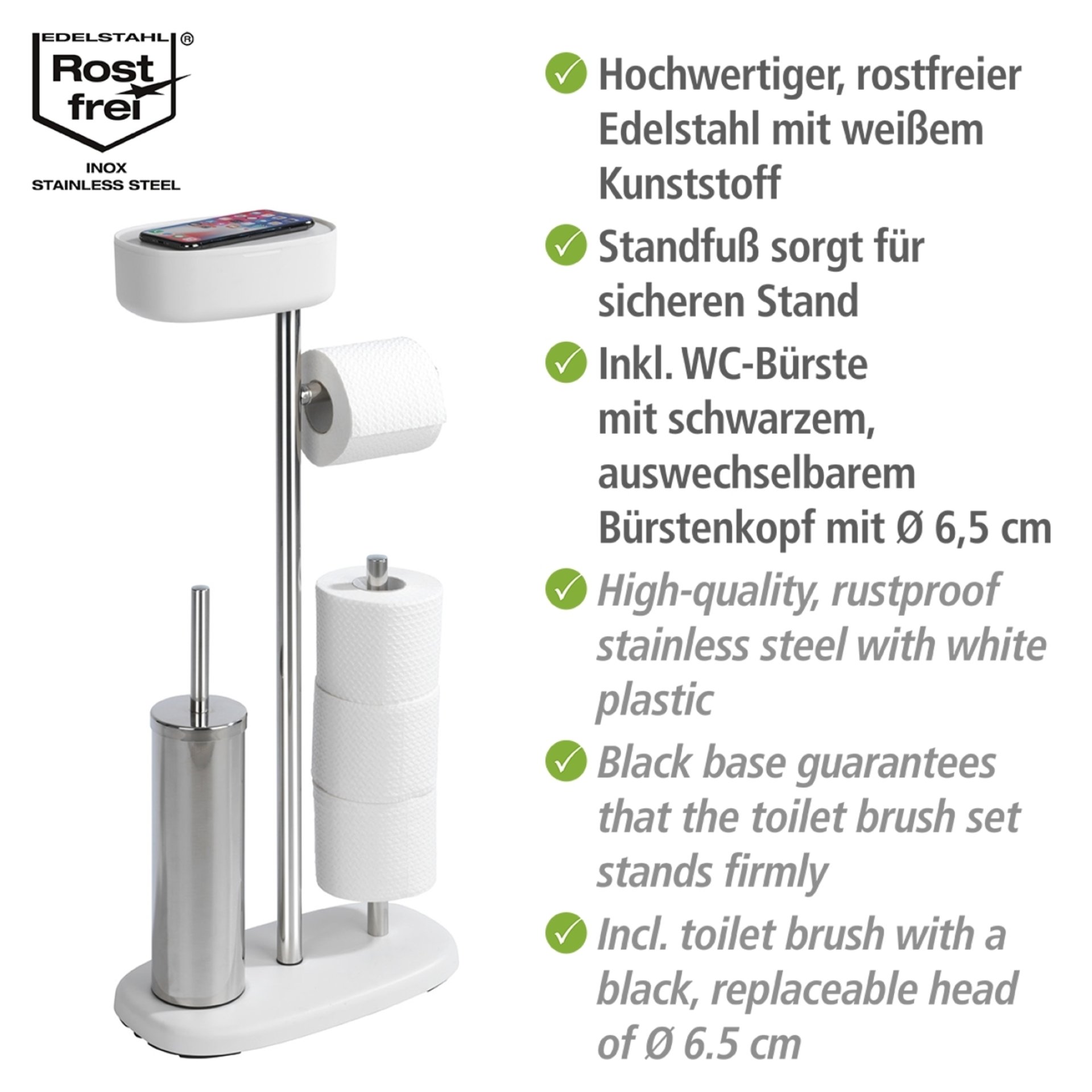WENKO RIVAZZA WC-Garnitur, Weiß/Silber, mit Toilettenpapierhalter, Bevorrater und Ablage, stehend