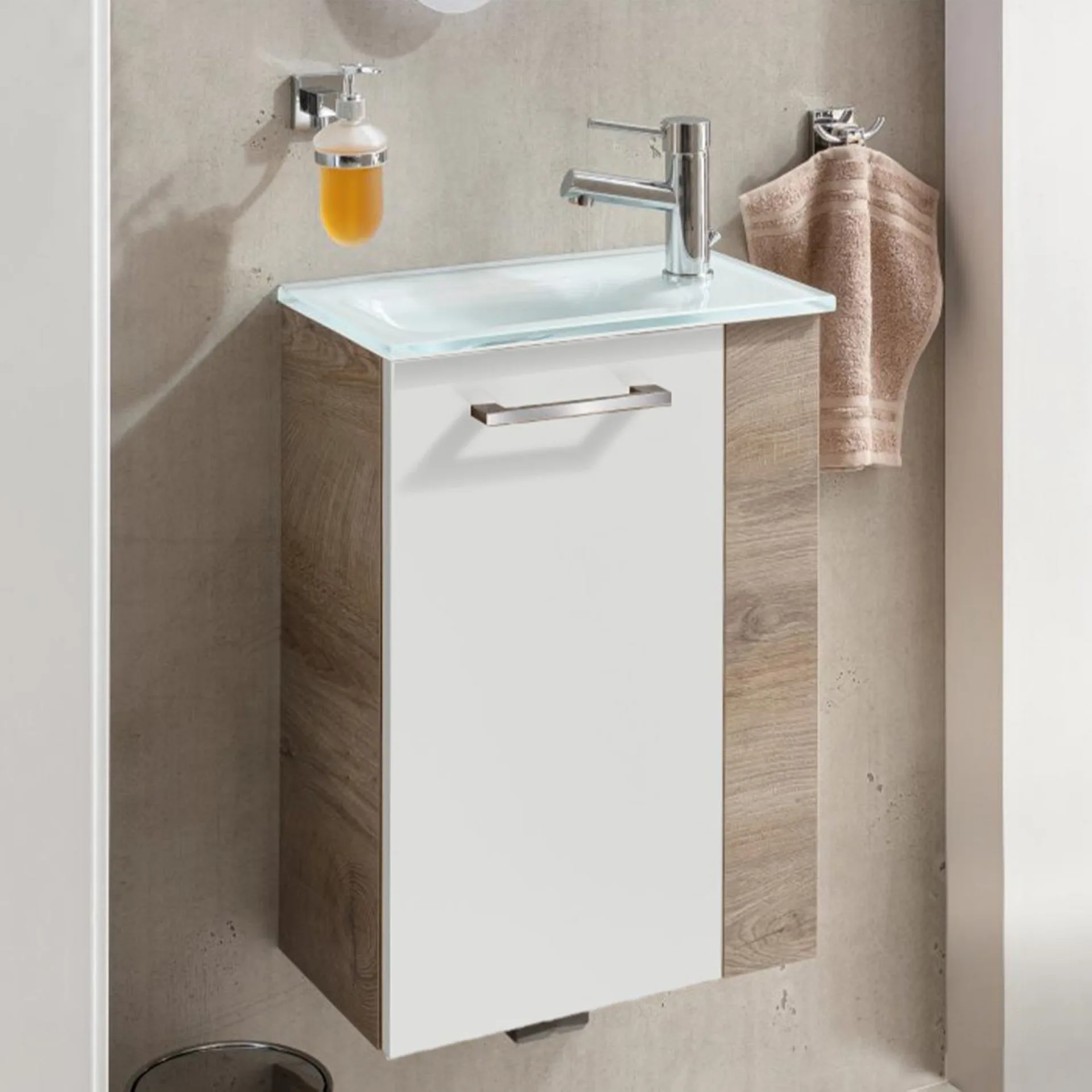 FACKELMANN SBC STANFORD Waschbeckenunterschrank Gäste WC 45 cm breit, Weiß/Braun hell, Türanschlag links