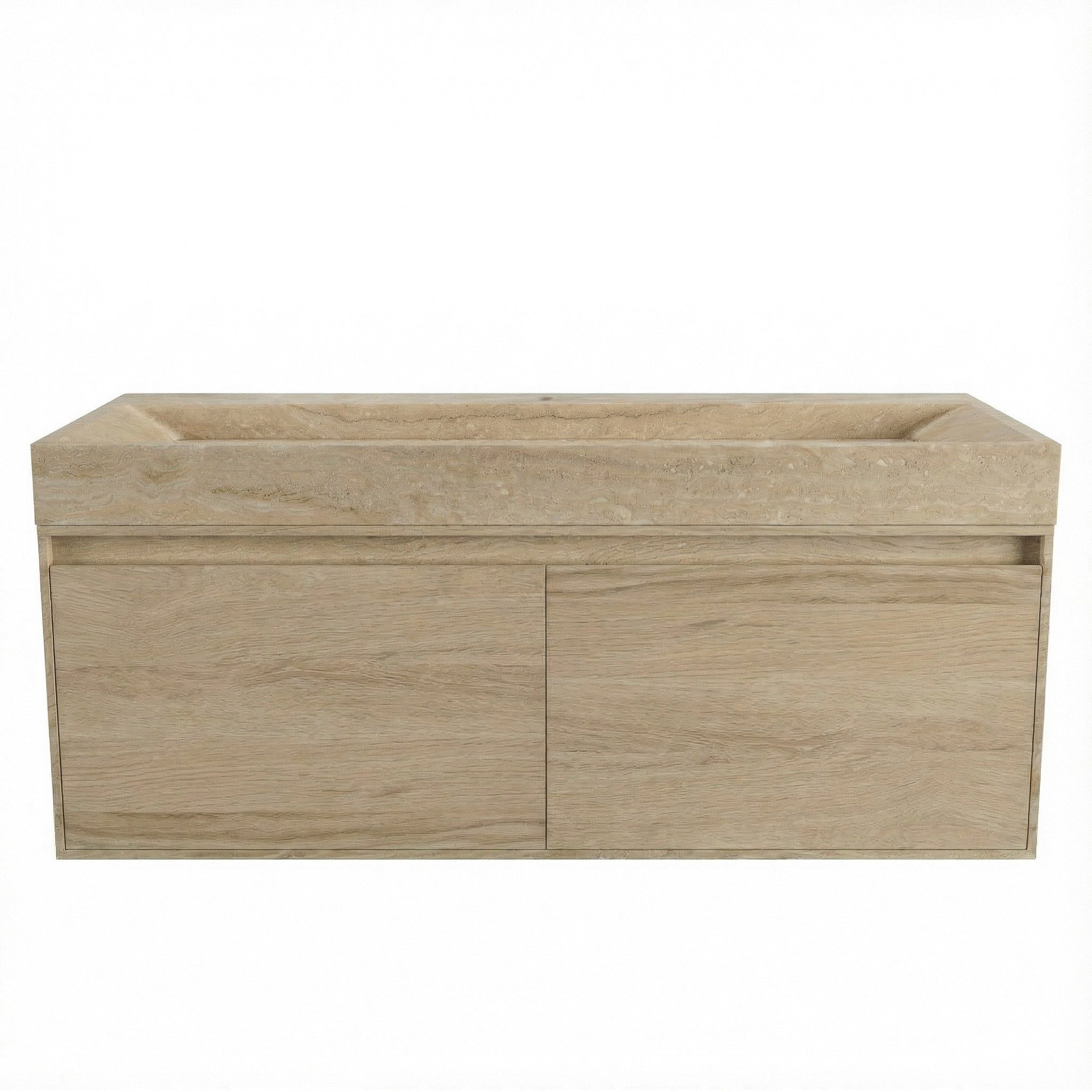 FORZALAQUA IBIZA BELLEZZA Waschbecken mit Unterschrank 120 cm breit, Braun hell, Natursteinwaschbecken Travertin matt mit Hahnloch, 2 Schubladen