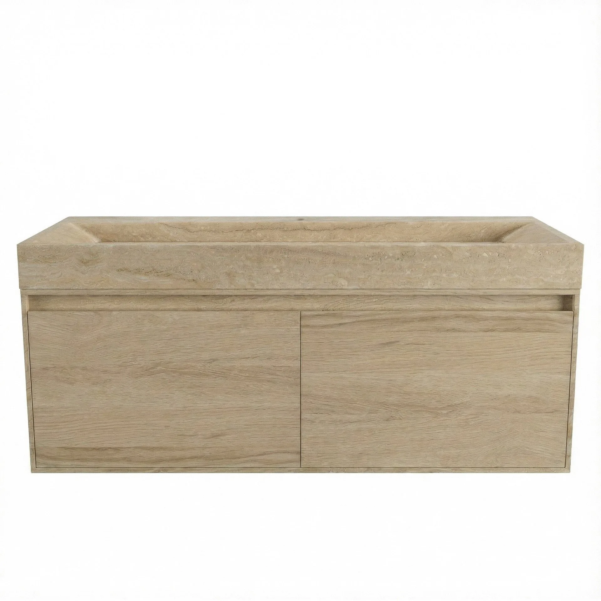 FORZALAQUA IBIZA BELLEZZA Waschbecken mit Unterschrank 120 cm breit, Braun hell, Natursteinwaschbecken Travertin matt mit Hahnloch, 2 Schubladen