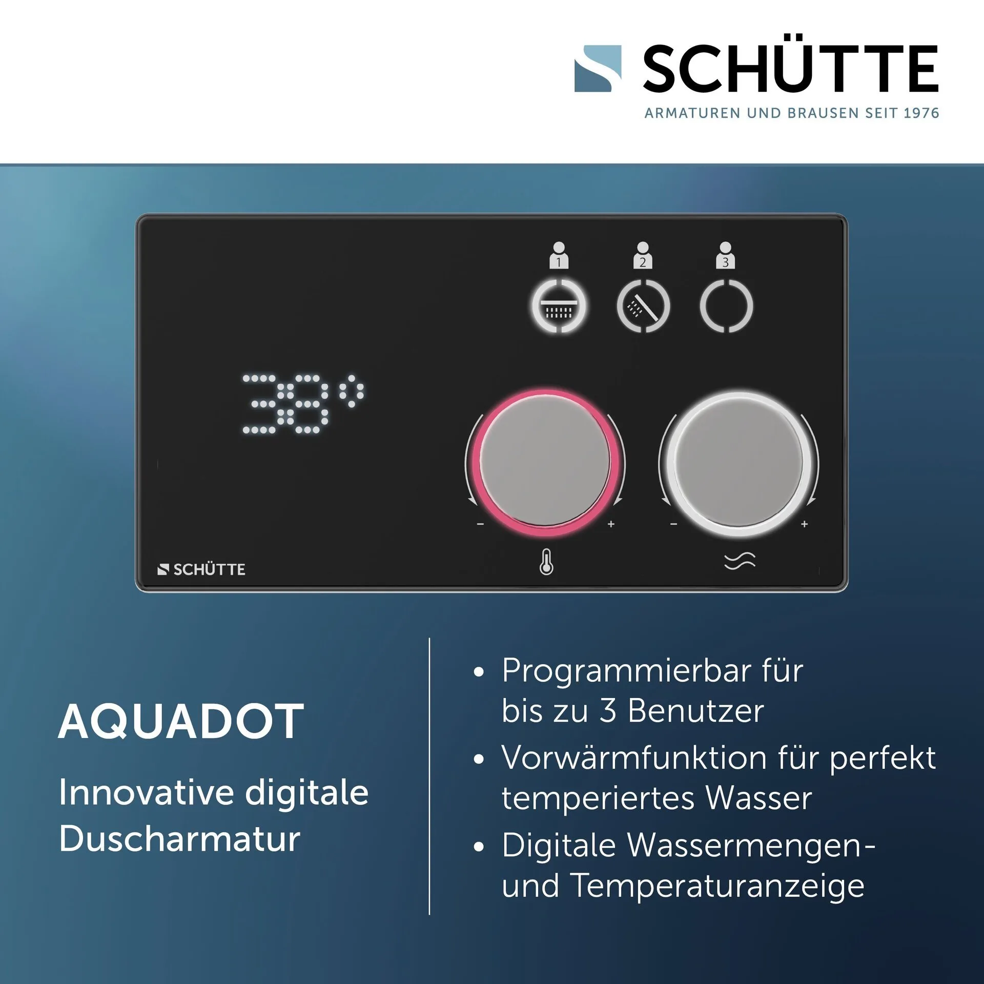 SCHÜTTE AQUADOT Digitales Duschsystem 21,5 cm breit, Schwarz matt/Chrom, Smart Control