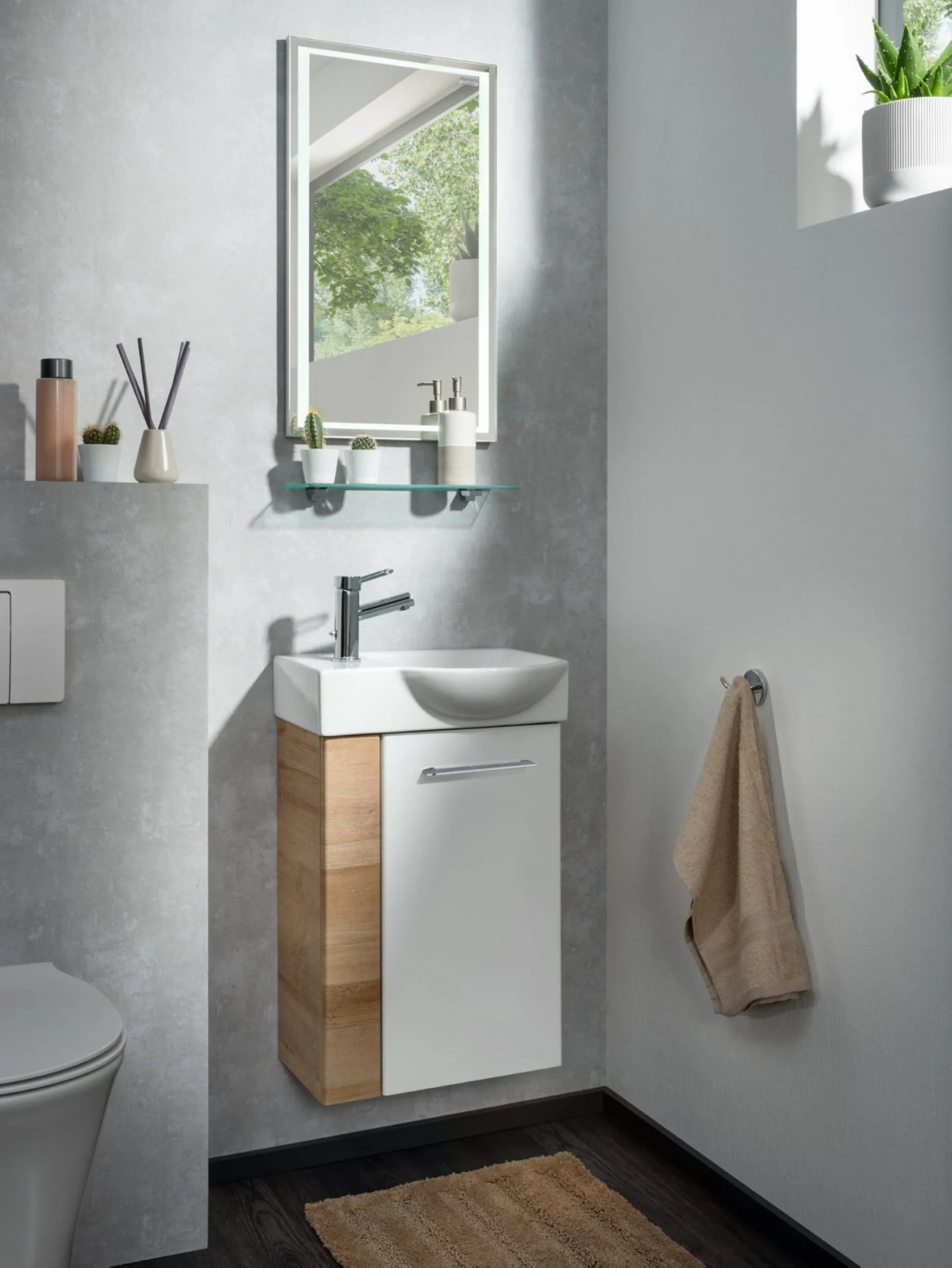 FACKELMANN SBC MILANO Gäste WC Waschtisch Set mit Spiegel 45 cm breit, Weiß/Braun hell, Waschbecken Keramik Weiß, Türanschlag rechts + Glasablage