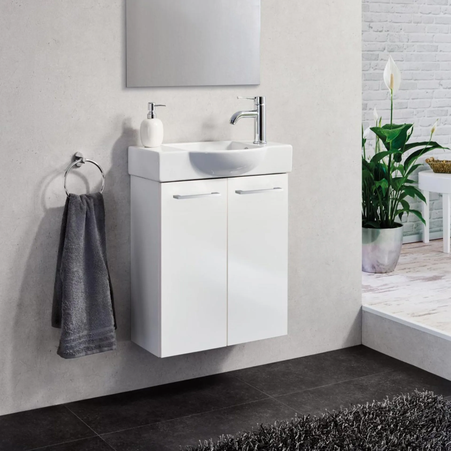FACKELMANN SBC SCENO Waschbeckenunterschrank Gäste WC 55 cm breit, Weiß, 2 Türen