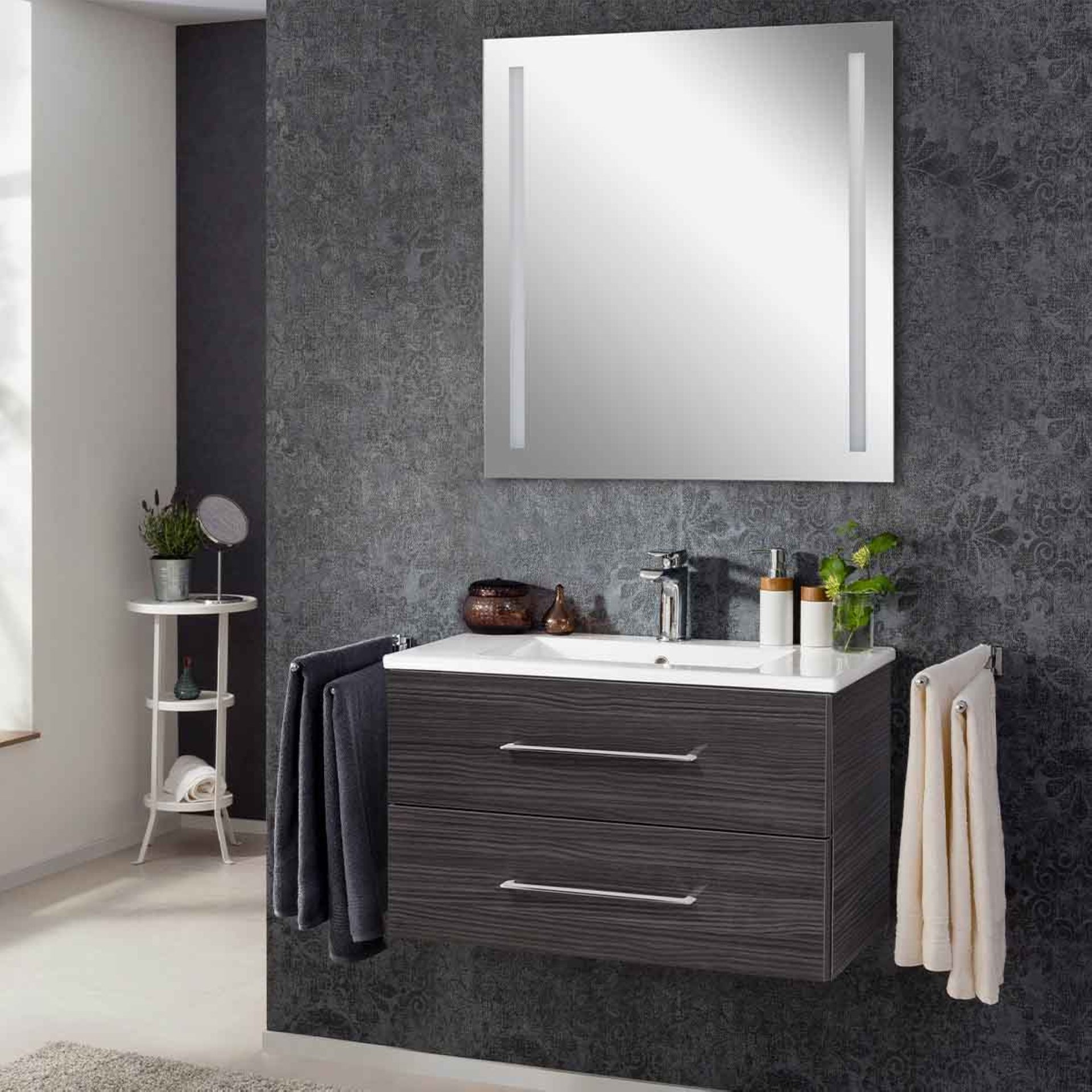 FACKELMANN B.PERFEKT Waschtisch Set mit Spiegel 82 cm breit, Anthrazit, Waschbecken Keramik Weiß