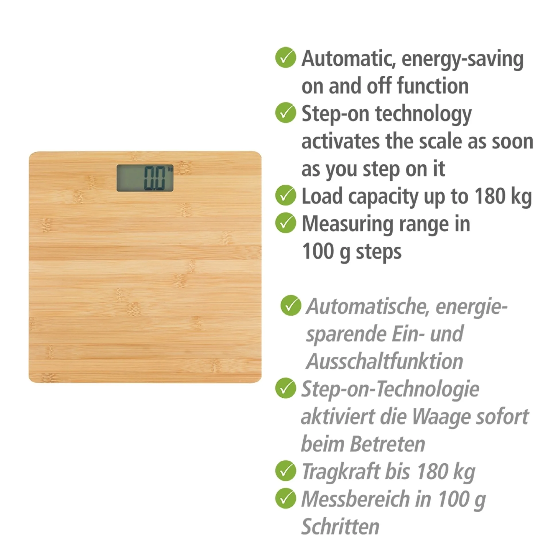 WENKO BAMBUSA Personenwaage, Braun, bis 180 kg, aus Bambus
