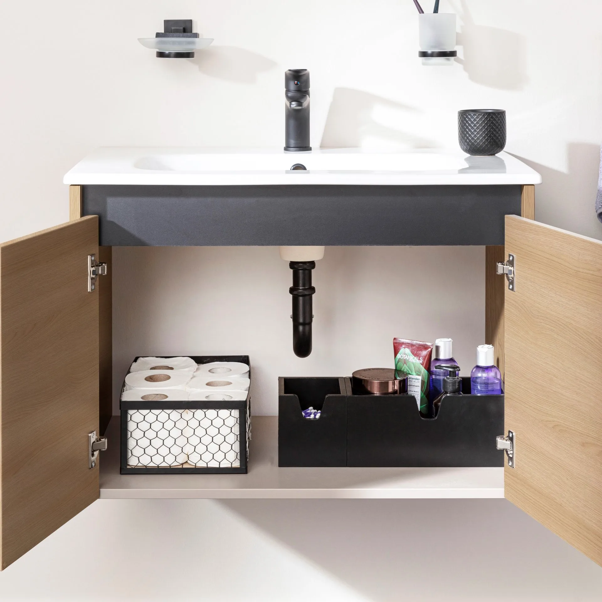 FACKELMANN COMPACT LINE Waschtisch Set mit Spiegelschrank 71 cm breit, Braun hell, Waschbecken Keramik Weiß, inklusive Aufsatzleuchte und Elektro-Box