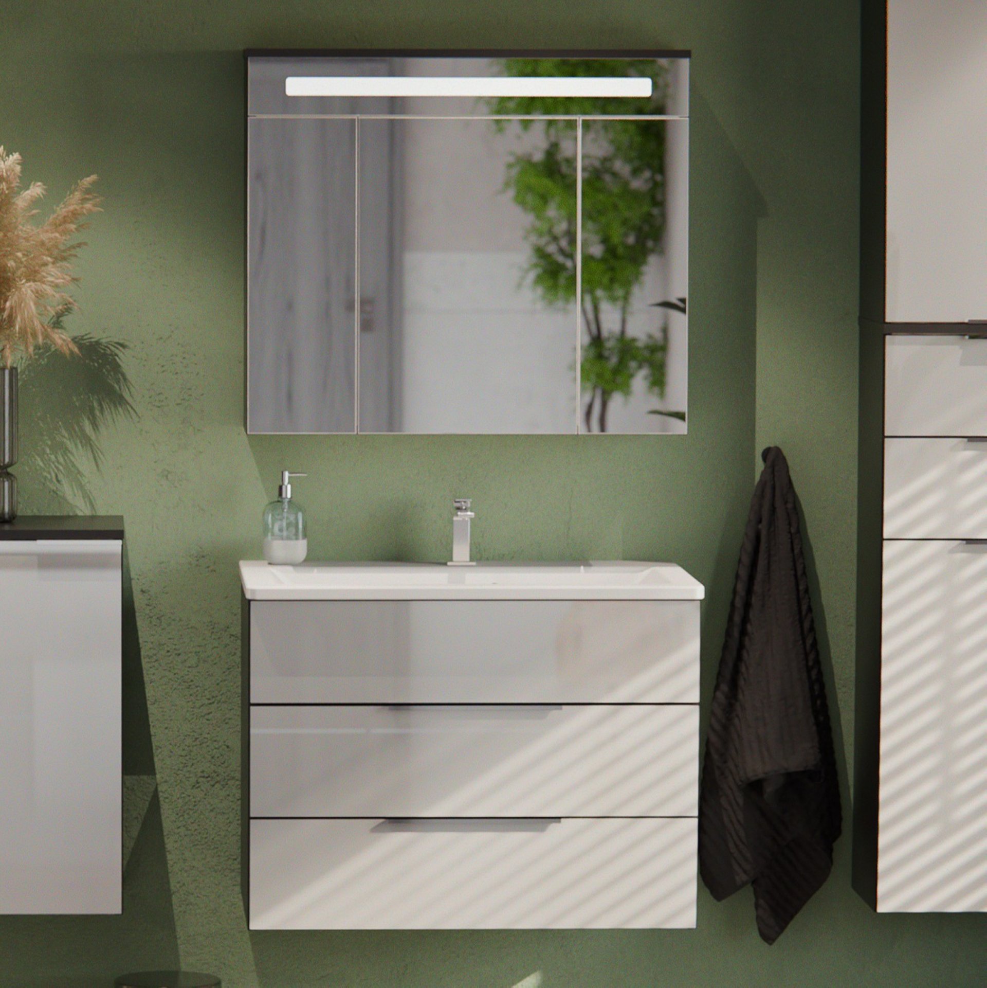 FACKELMANN KARA Waschtisch Set mit Spiegelschrank 80 cm breit, Weiß/Anthrazit, Waschbecken Gussmarmor Weiß, 2 Schubladen