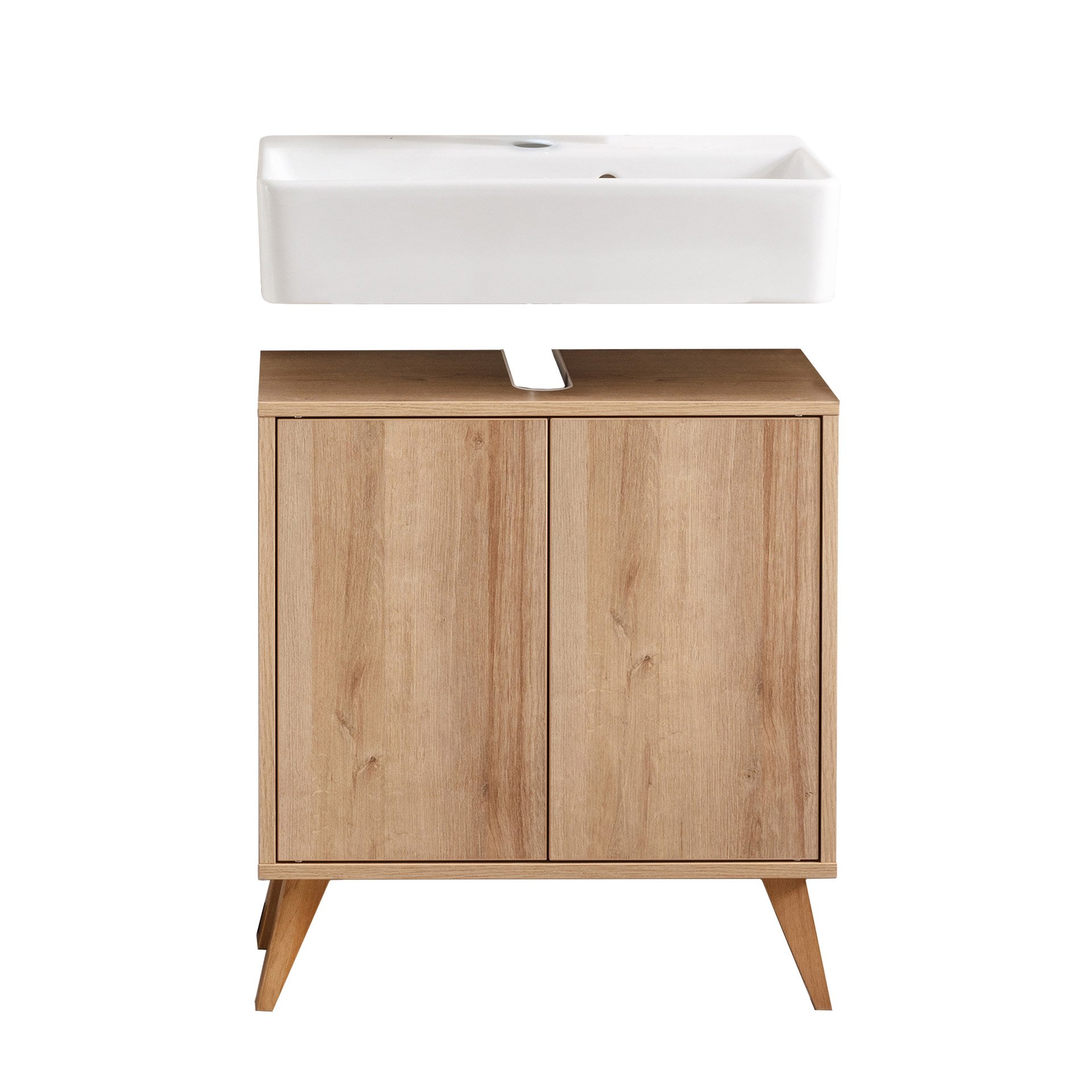 FACKELMANN FINN Waschbecken mit Unterschrank 60 cm breit, Braun hell, Waschbecken Keramik Weiß + Holzfüße