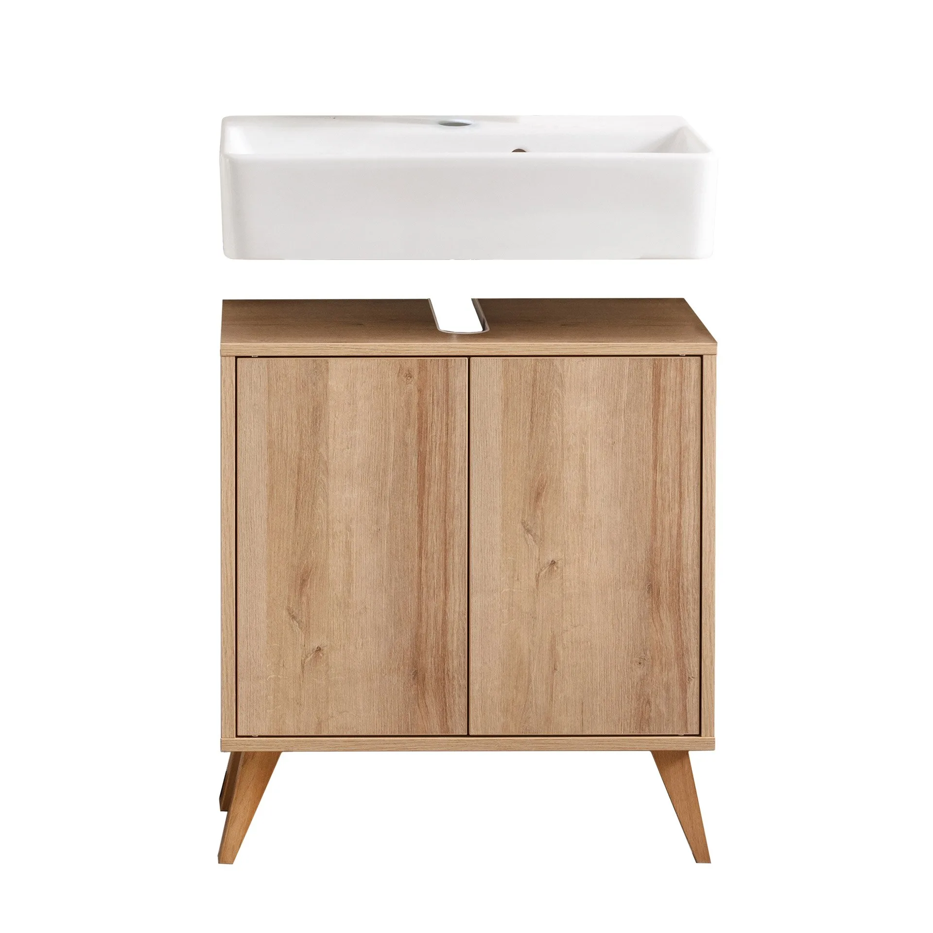 FACKELMANN FINN Waschbecken mit Unterschrank 60 cm breit, Braun hell, Waschbecken Keramik Weiß + Holzfüße