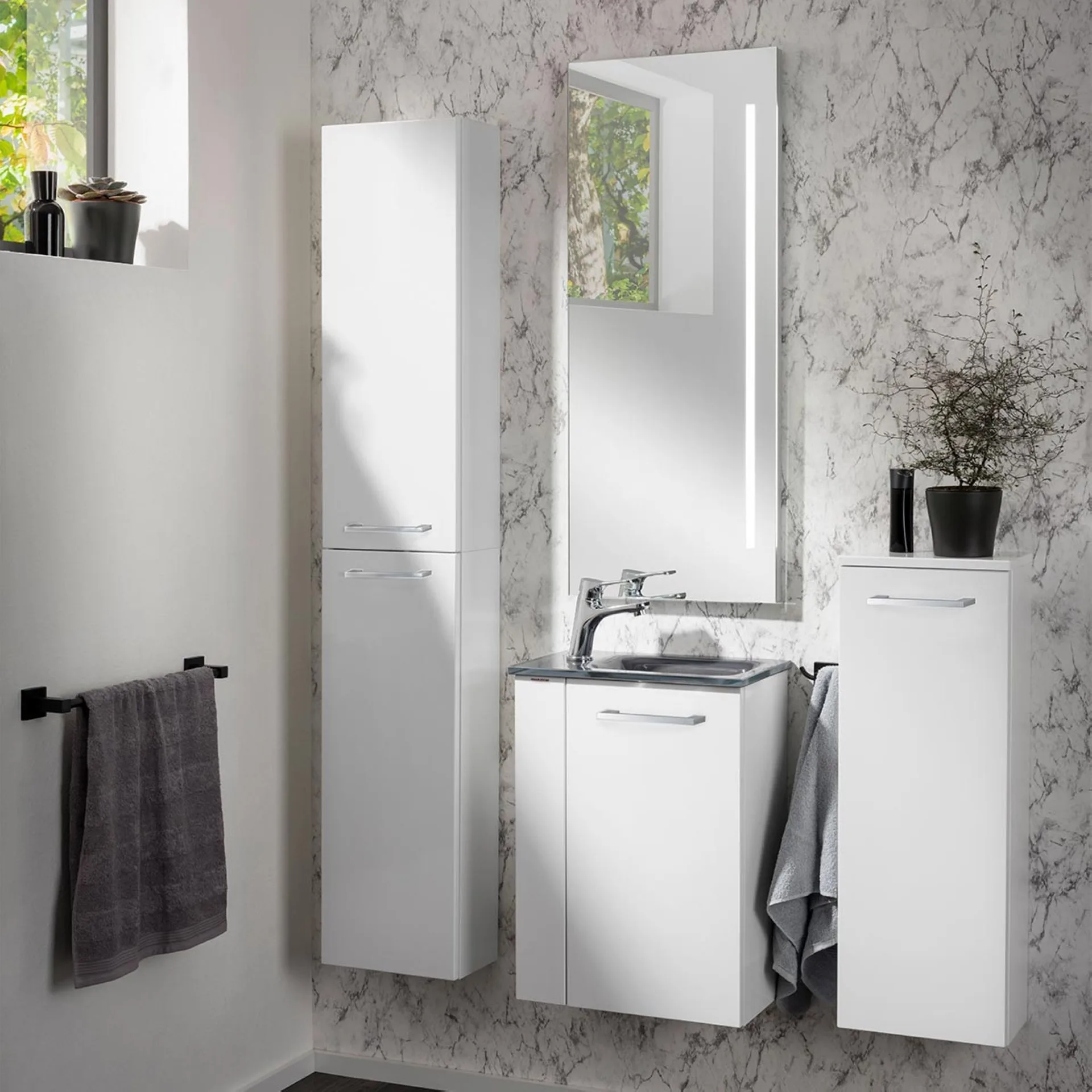 FACKELMANN SBC SCENO Gäste WC Waschtisch Set 45 cm breit, Weiß, Waschbecken Glas Anthrazit, Türanschlag rechts
