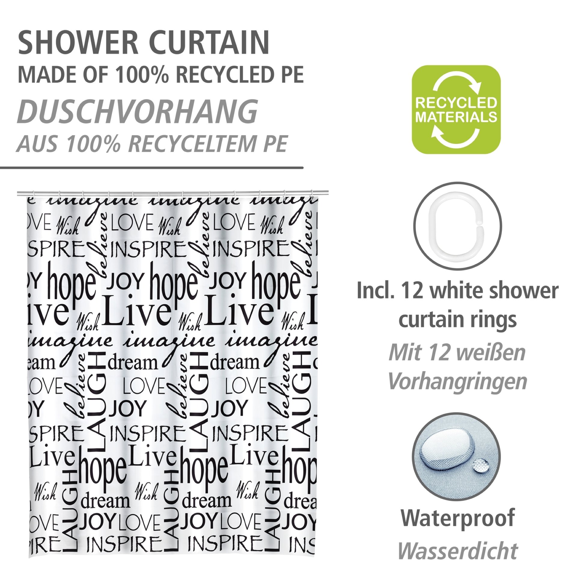 WENKO LIVE Duschvorhang 180 x 200 cm, Weiß/Schwarz