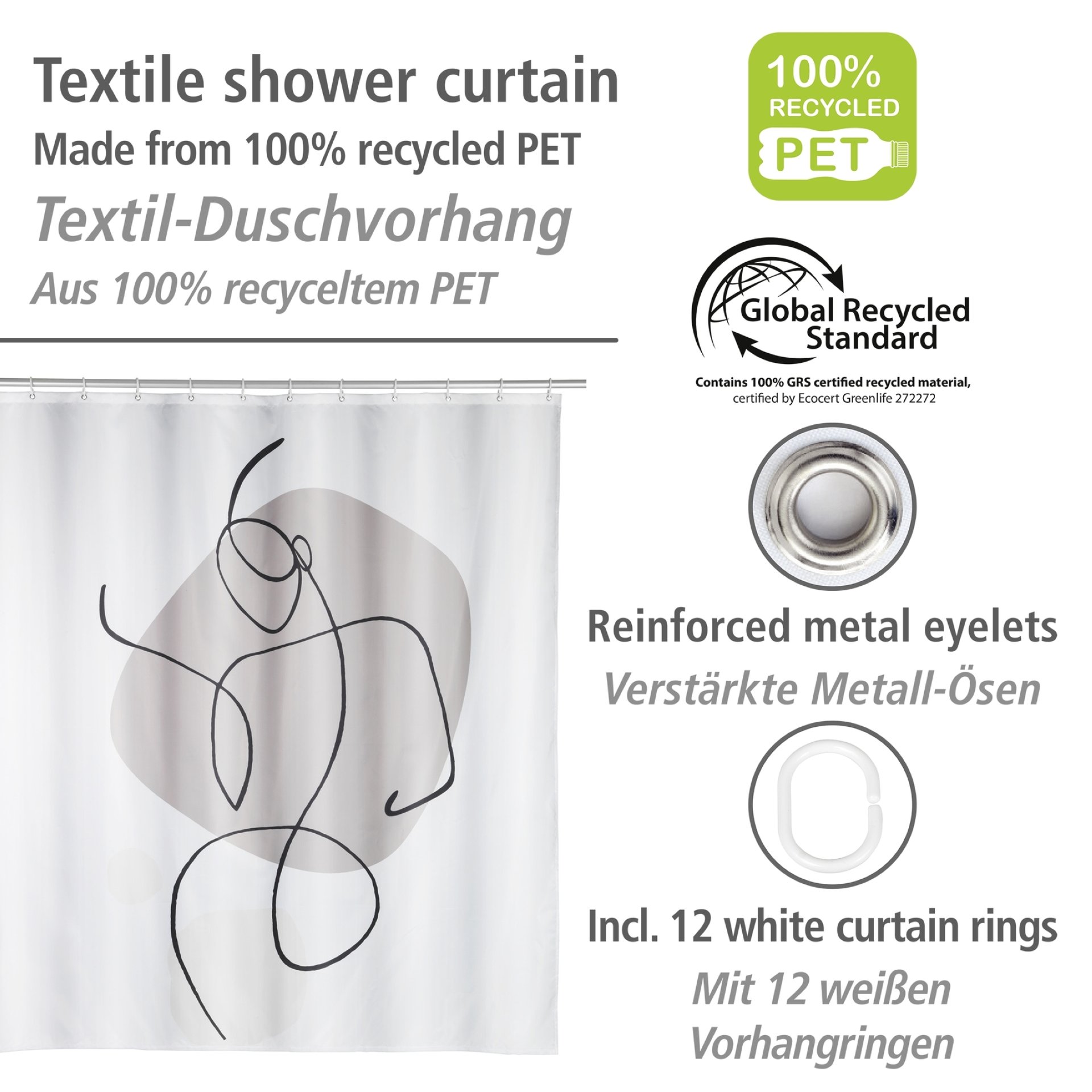 WENKO LADYLINE Duschvorhang 180 x 200 cm, Weiß/Grau