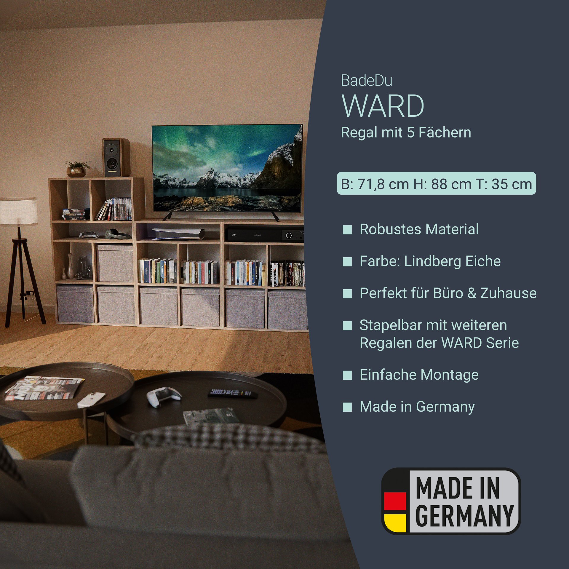 BADEDU WARD Regal 72 cm breit, Braun, 5 Fächer