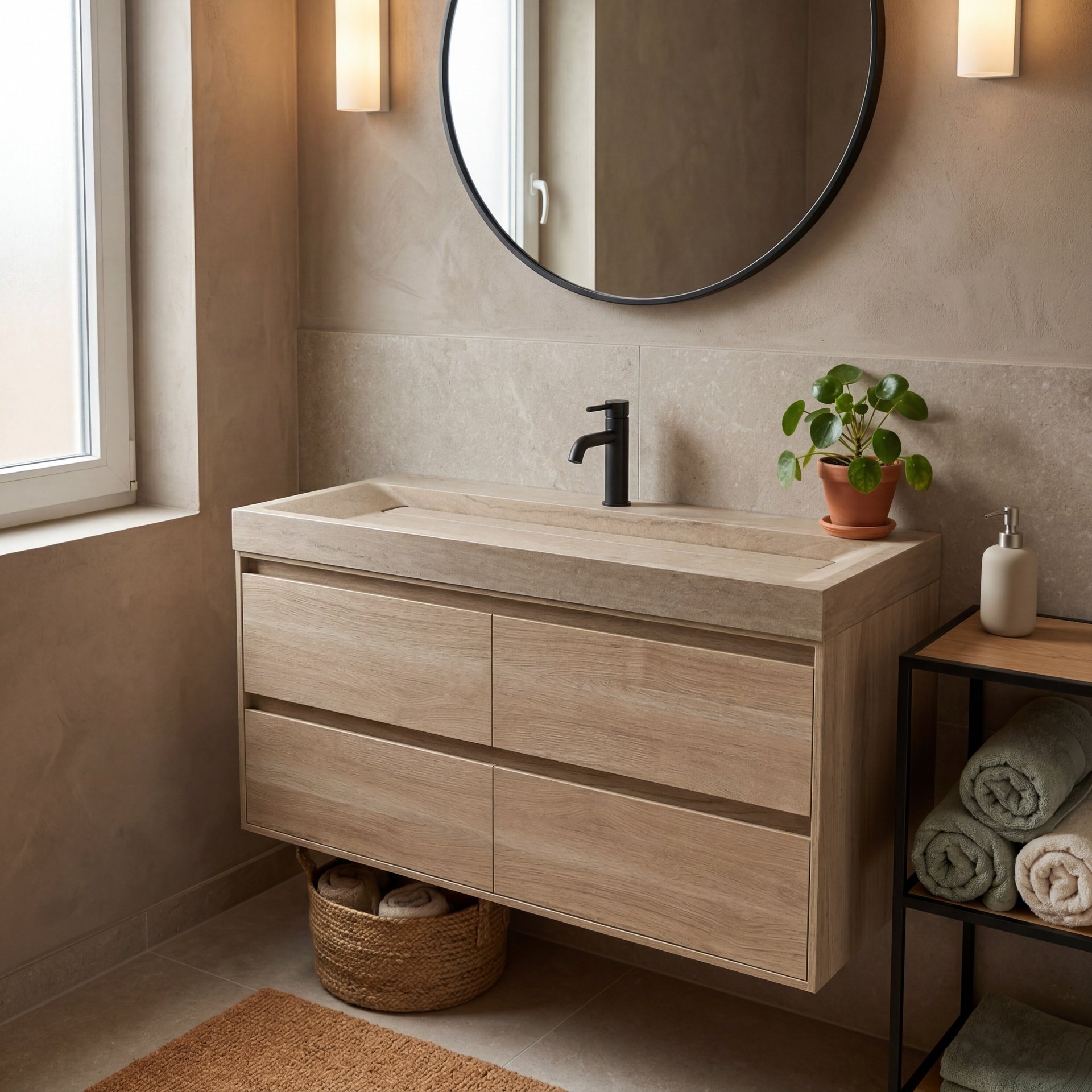 FORZALAQUA IBIZA BELLEZZA Waschbecken mit Unterschrank 120 cm breit, Braun hell, Natursteinwaschbecken Travertin matt mit Hahnloch, 4 Schubladen