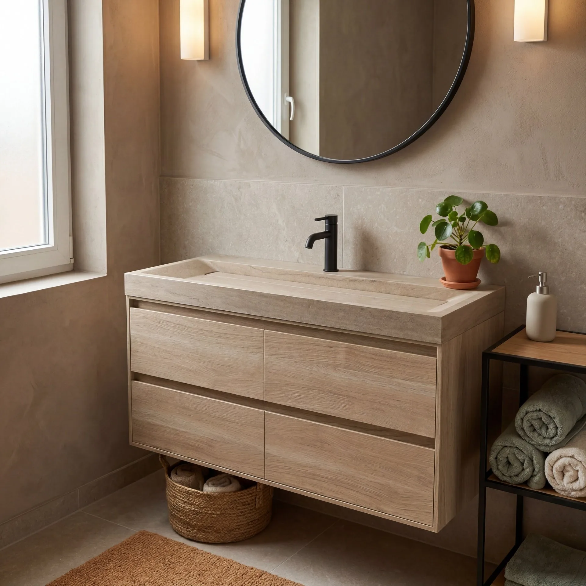 FORZALAQUA IBIZA BELLEZZA Waschbecken mit Unterschrank 120 cm breit, Braun hell, Natursteinwaschbecken Travertin matt mit Hahnloch, 4 Schubladen