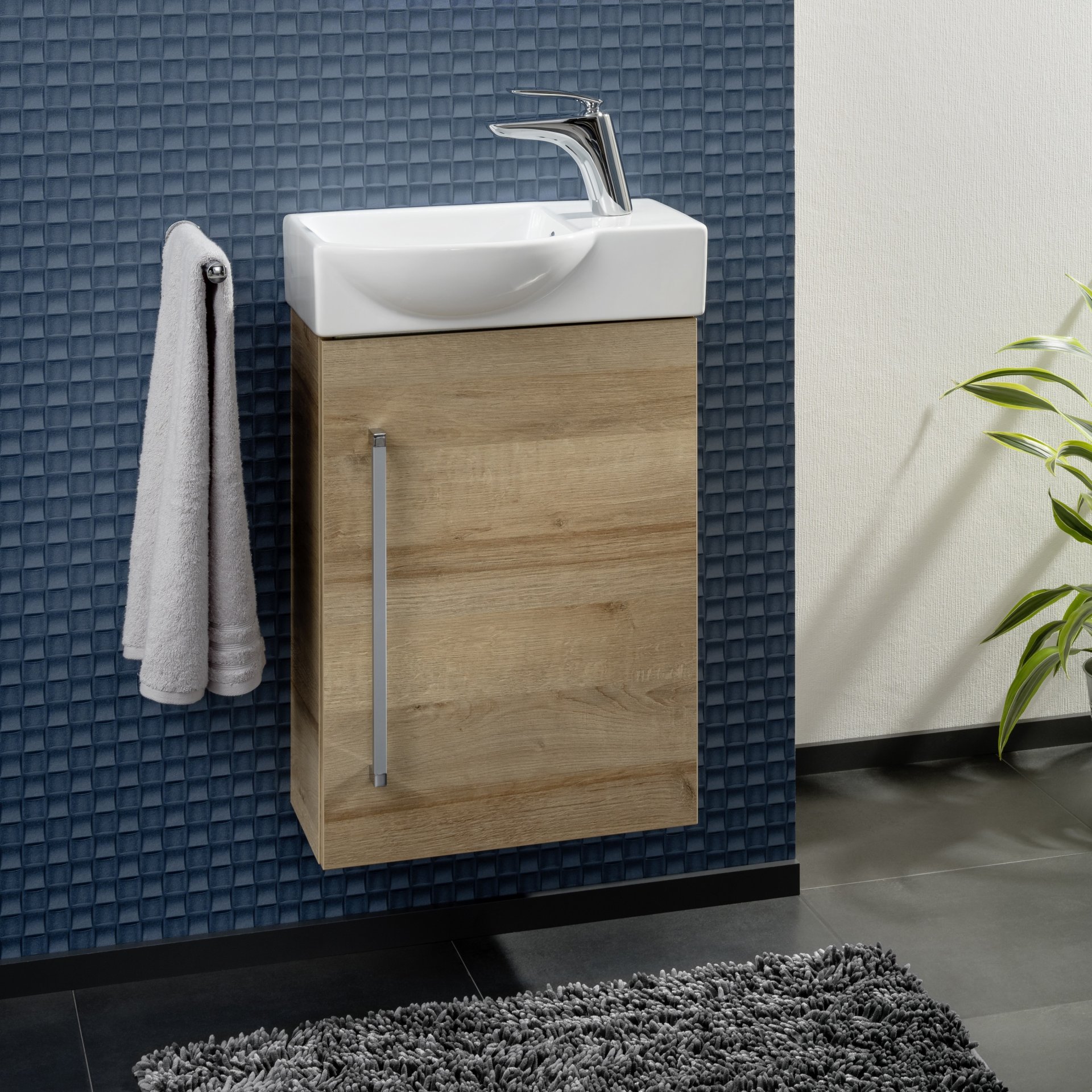 LANZET K3 Gäste WC Waschtisch Set 45cm breit, Braun hell, Waschbecken Keramik Weiß, Türanschlag links